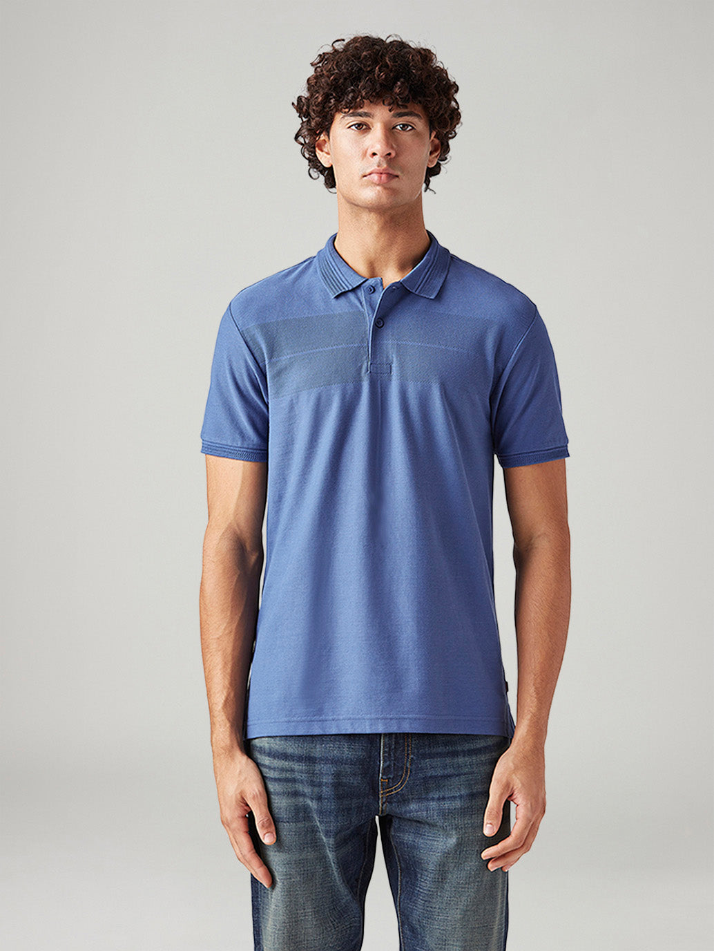 Men's Solid Blue Slim Fit Textured Polo T-shirt - Front View