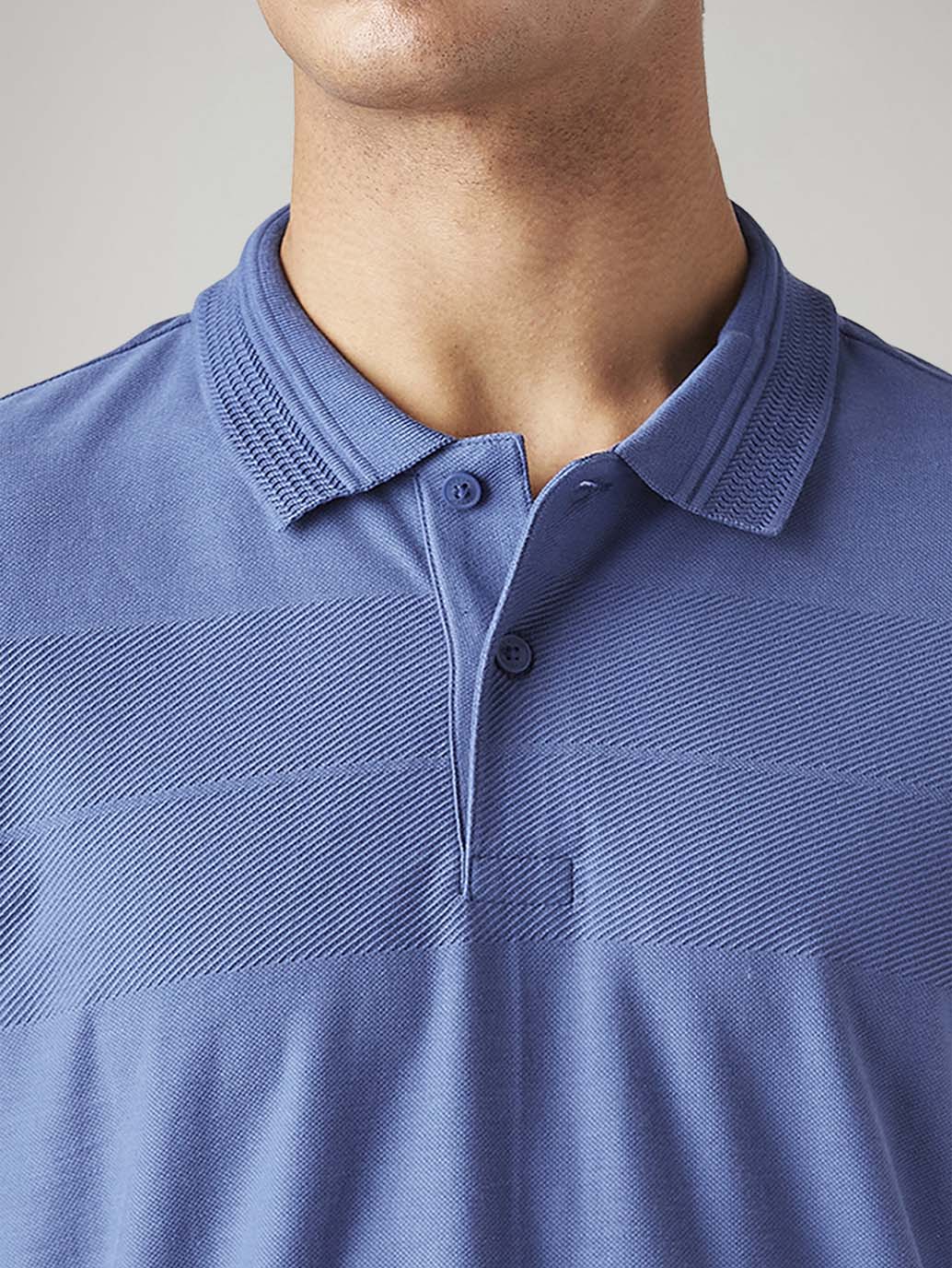 Men's Solid Blue Slim Fit Textured Polo T-shirt - Detail View