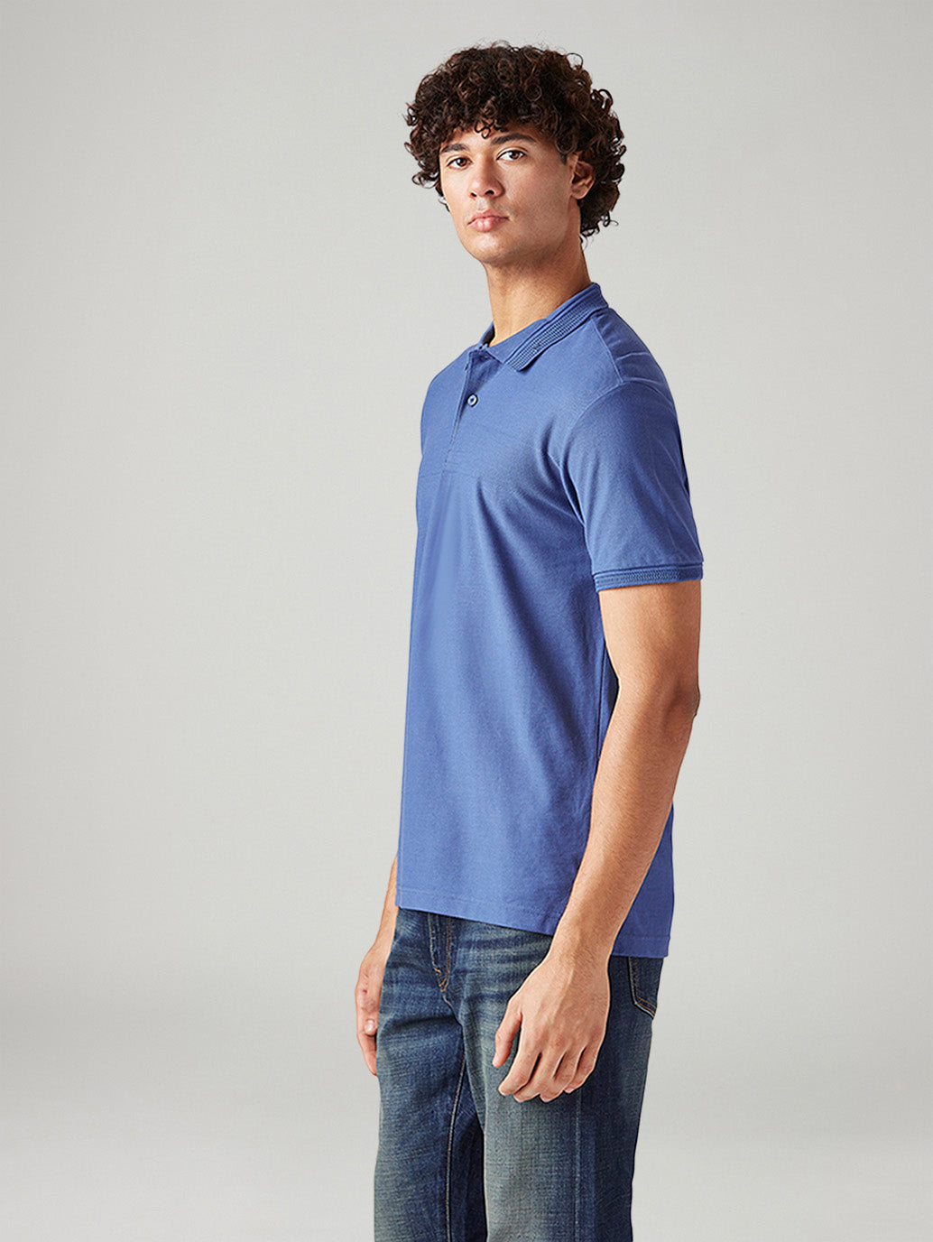 Men's Solid Blue Slim Fit Textured Polo T-shirt - Side View