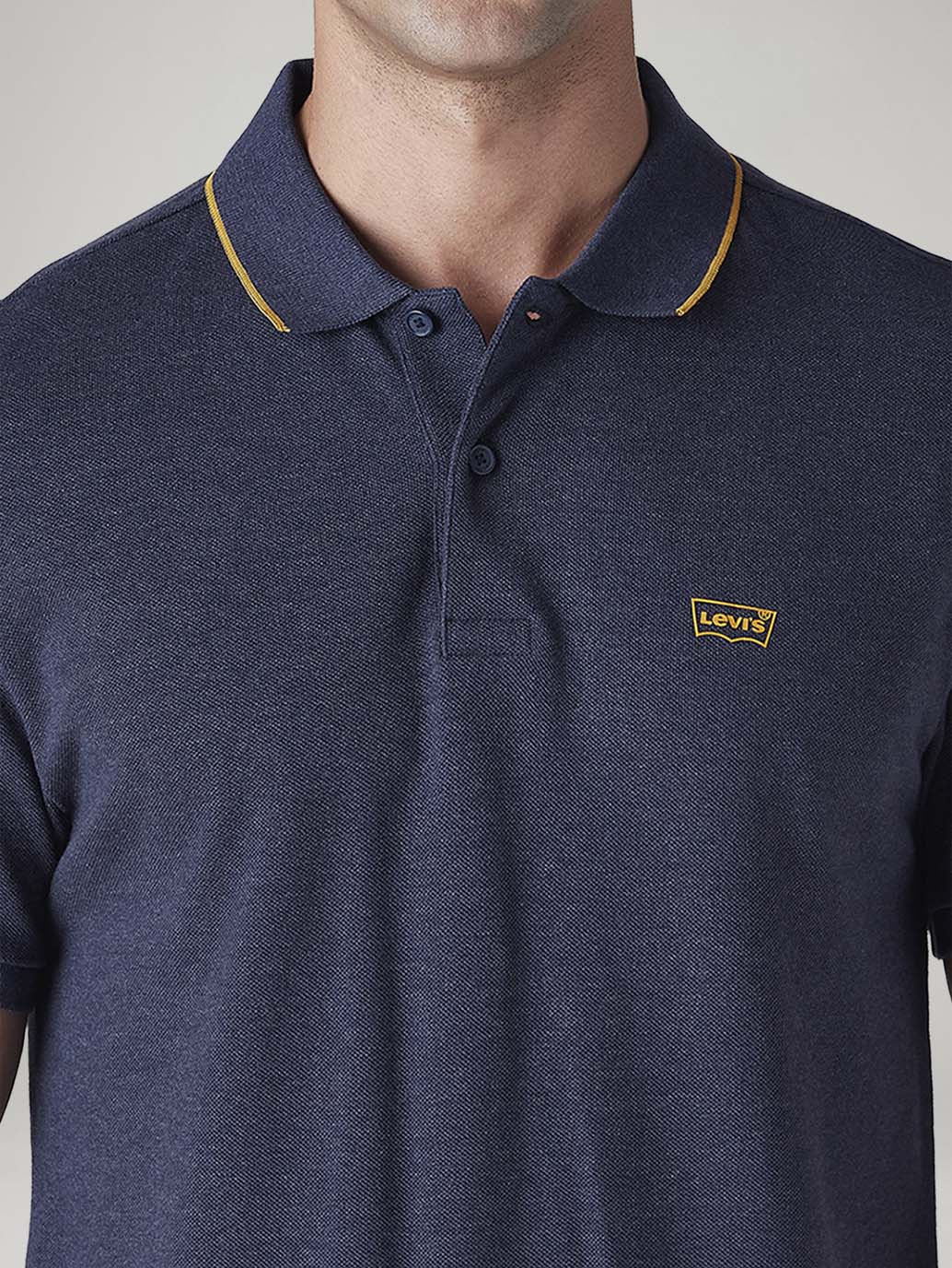Men's Solid Navy Pique Polo T-shirt - Detail View