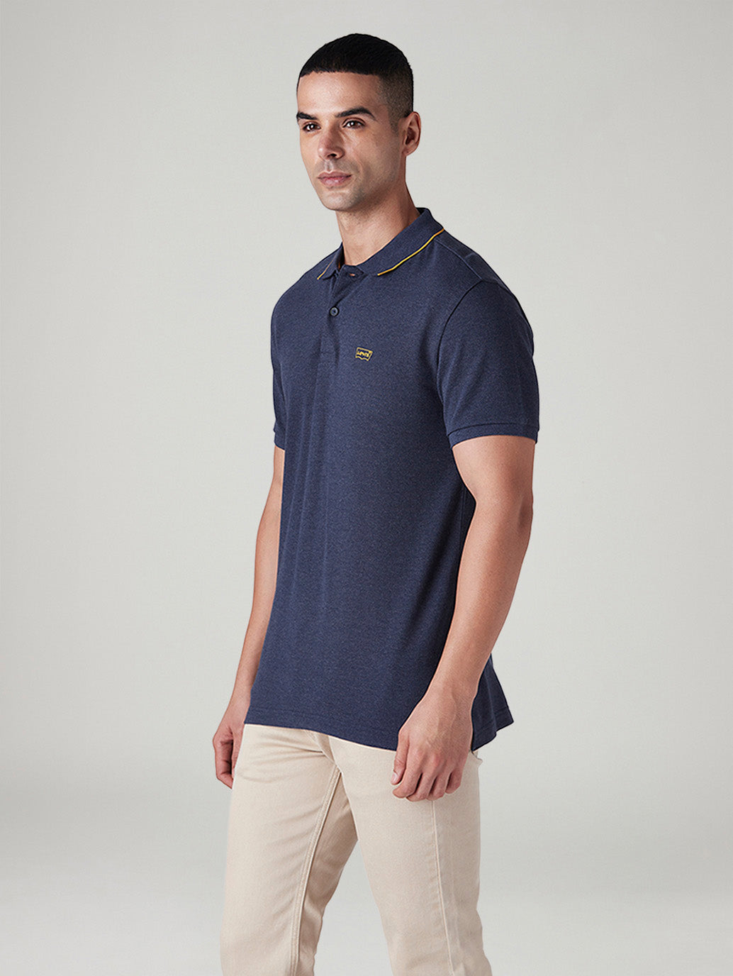 Men's Solid Navy Pique Polo T-shirt - Side View