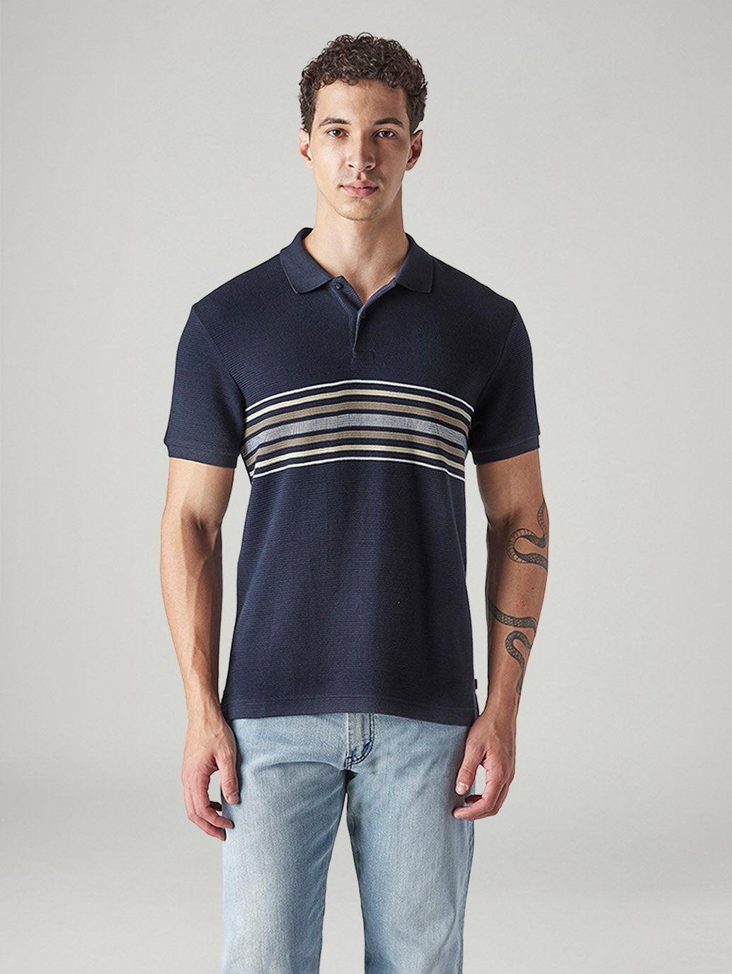 Men's Striped Navy Polo T-shirt - Front View