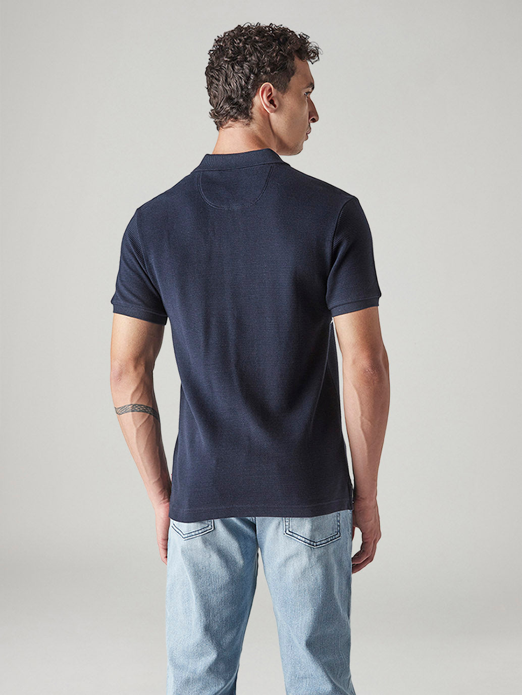 Men's Striped Navy Polo T-shirt - Back View