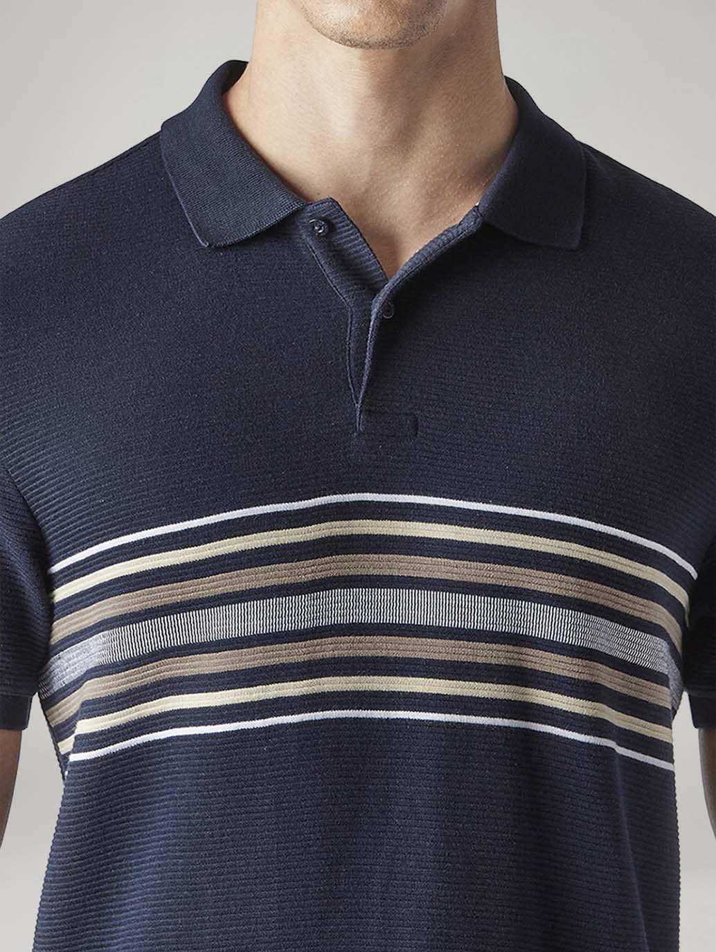 Men's Striped Navy Polo T-shirt - Detail View
