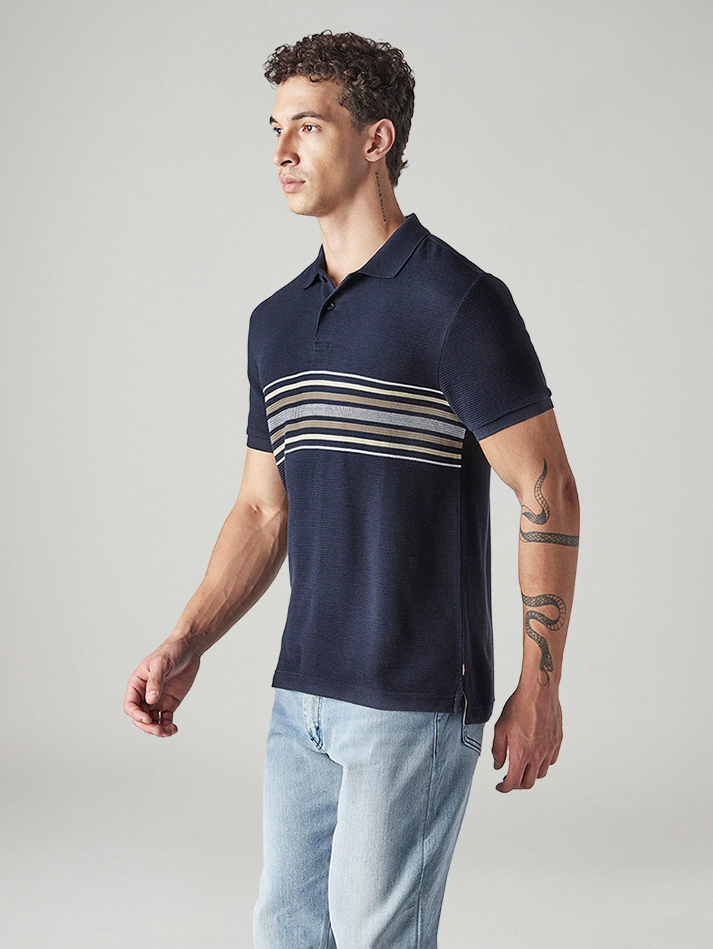 Men's Striped Navy Polo T-shirt - Side View