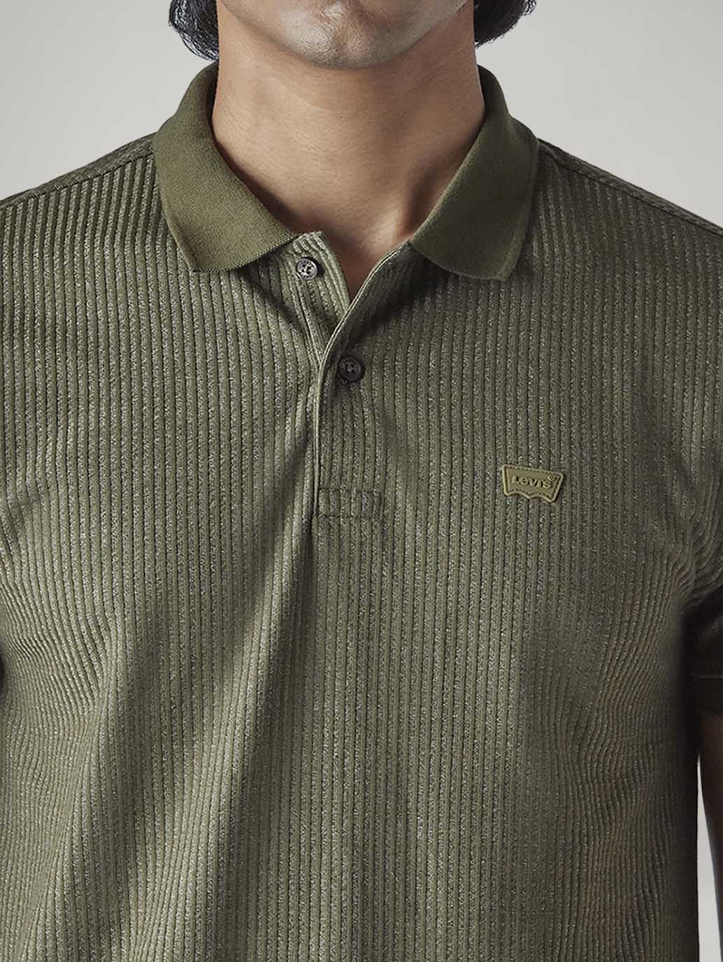 Men's Textured Olive Ribbed Polo T-shirt - 20 View