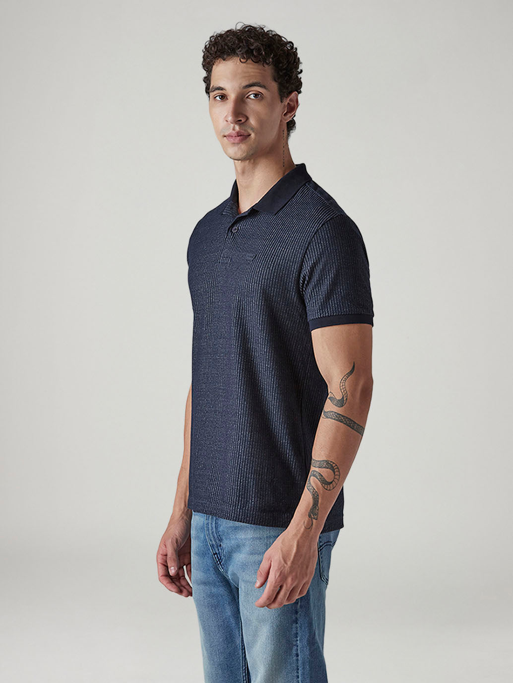 Men's Textured Dark Indigo Ribbed Polo T-shirt - 20 View