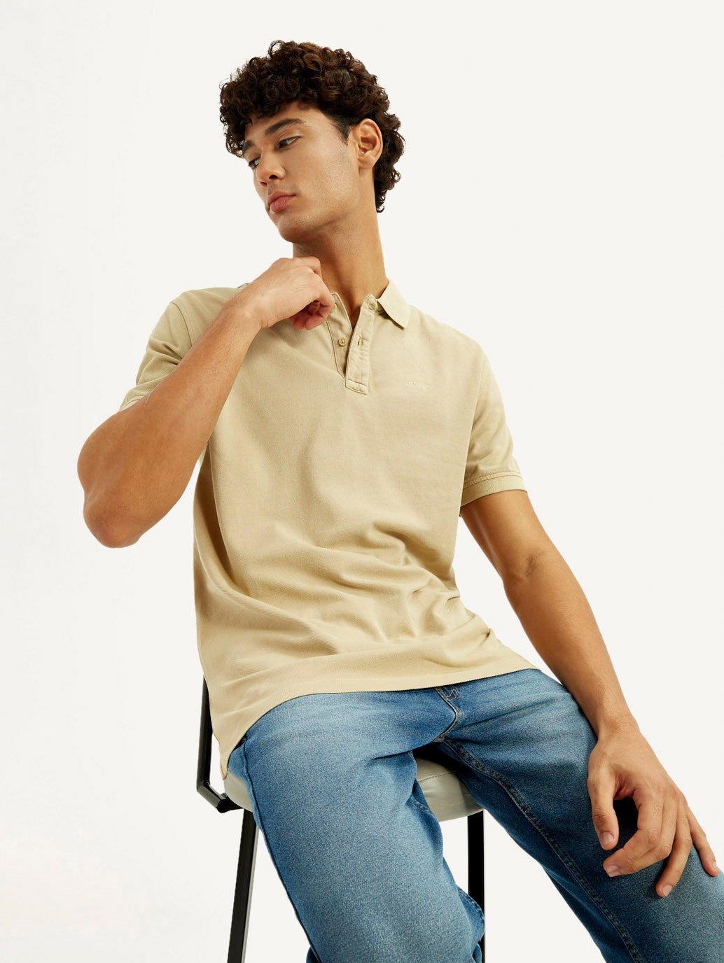 Men's Solid Beige Slim Fit Polo T-shirt - Elevated View