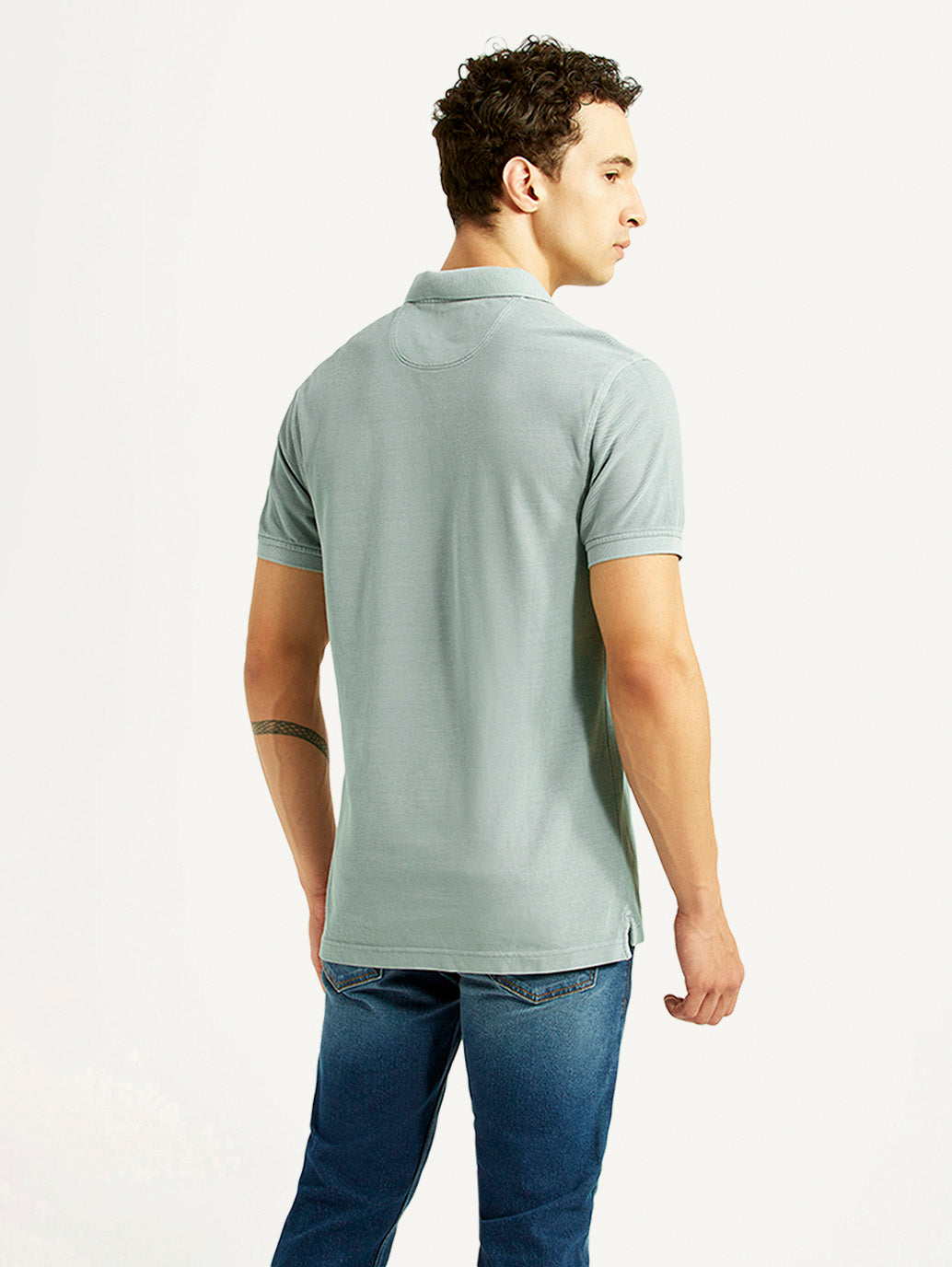 Men's Solid Light Blue Slim Fit Polo T-shirt - Back View