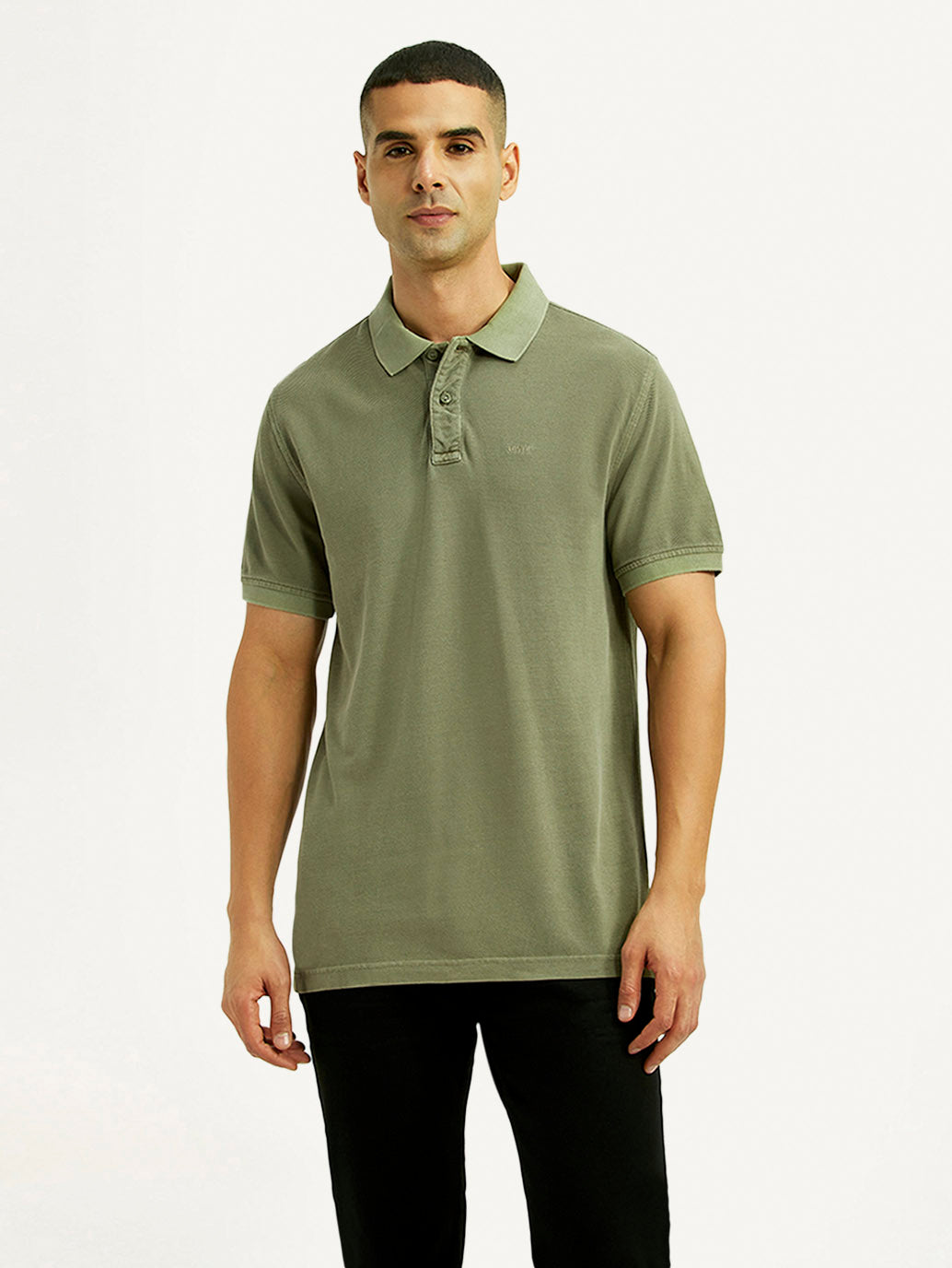 Men's Solid Olive Slim Fit Polo T-shirt - Front View