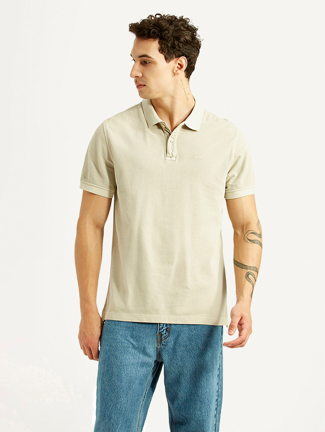 Men's Solid Beige Slim Fit Polo T-shirt - Front View