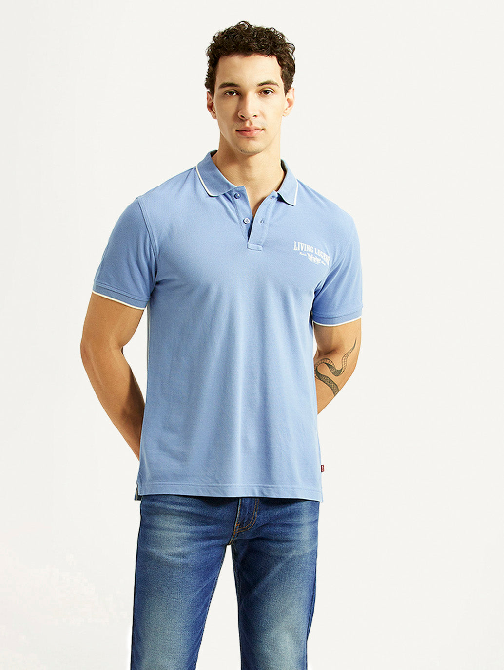 Men's Graphic Print Light Blue Slim Fit Polo T-shirt