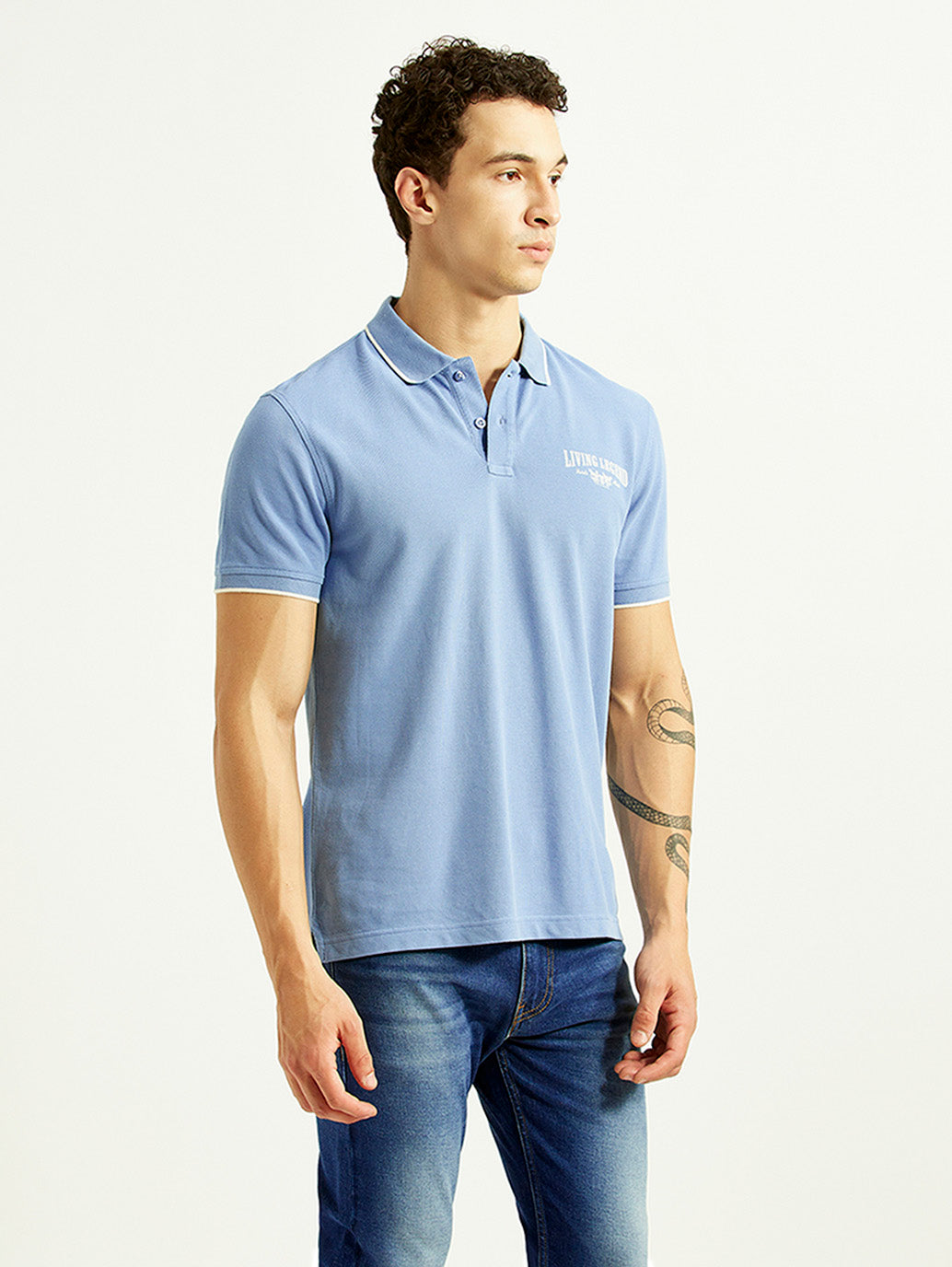 Men's Graphic Print Light Blue Slim Fit Polo T-shirt - Side View