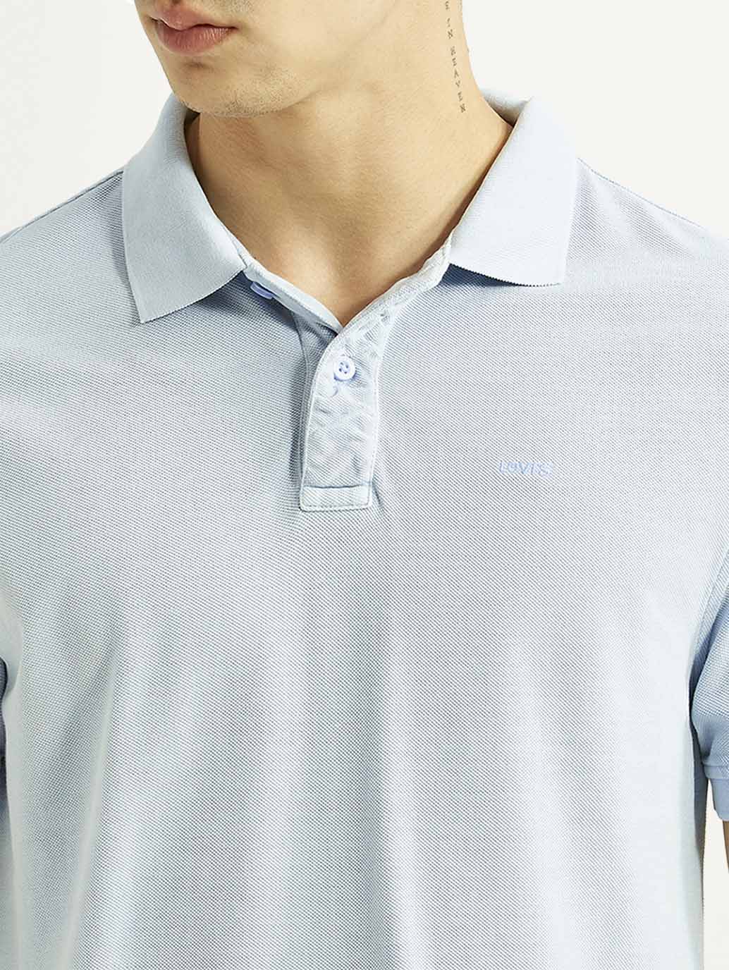 Men's Solid Light Blue Slim Fit Polo T-shirt - Detail View