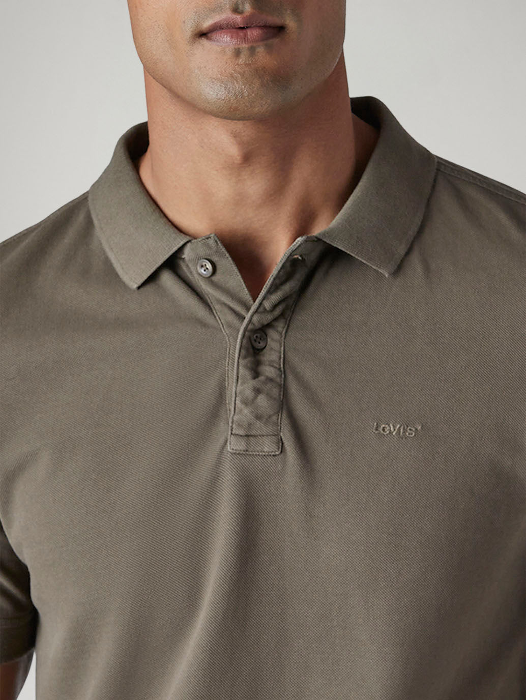 Men's Solid Olive Overdyed Pique Polo T-shirt - Detail View