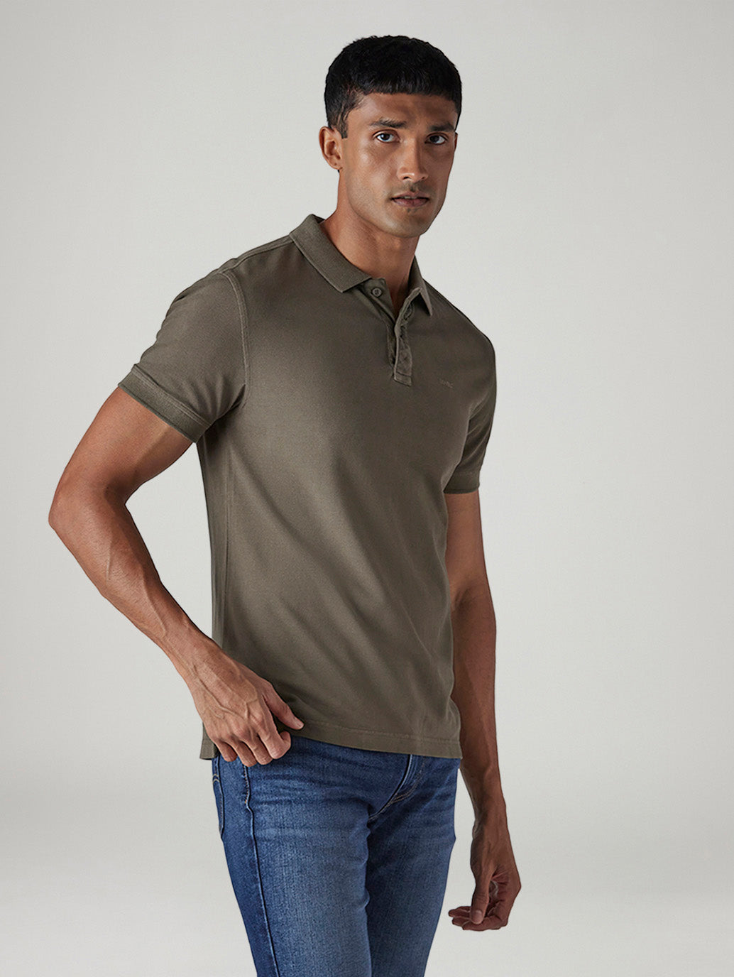 Men's Solid Olive Overdyed Pique Polo T-shirt - Side View