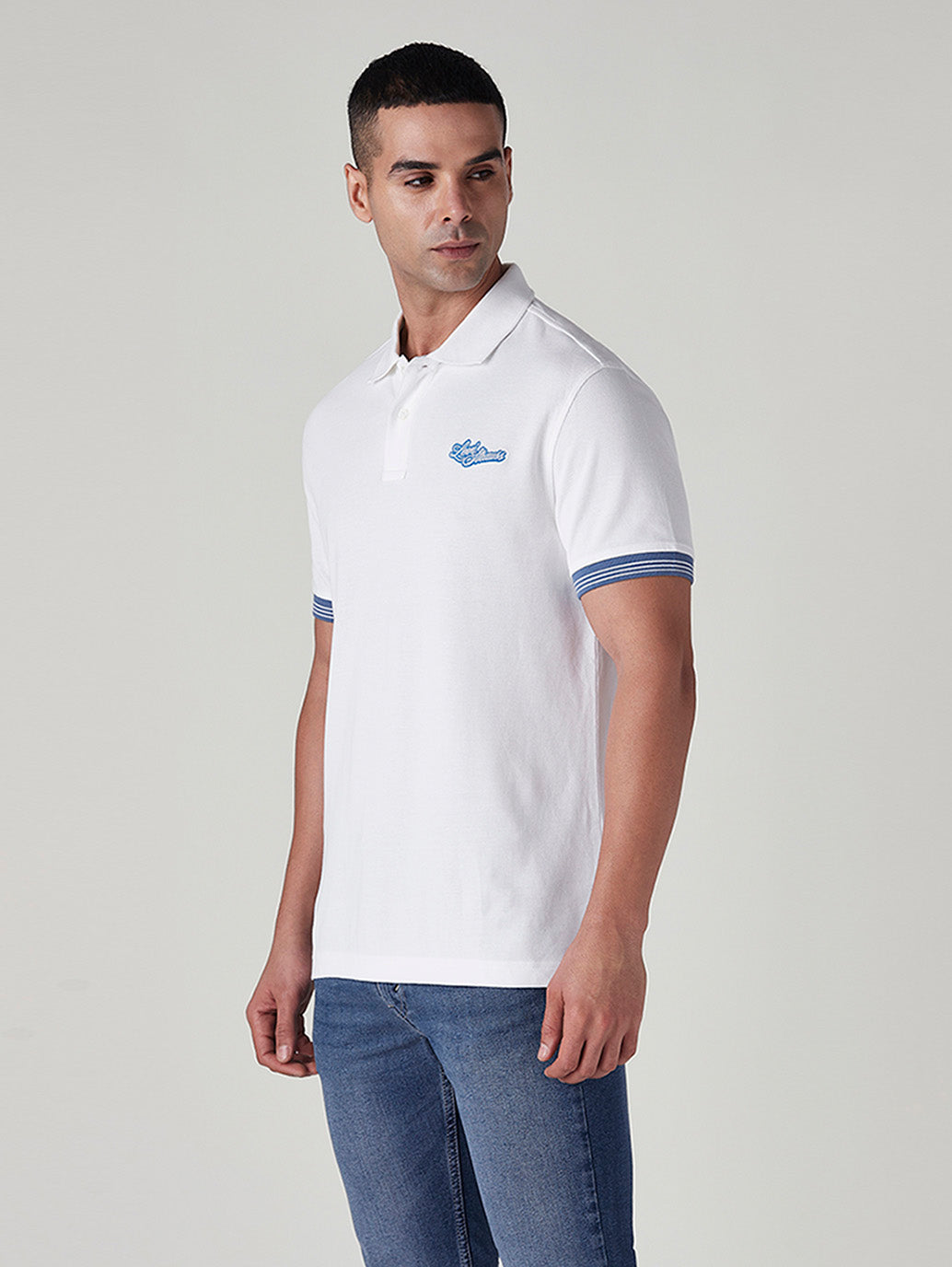 Men's Brand Logo White Pique Polo T-shirt - Side View