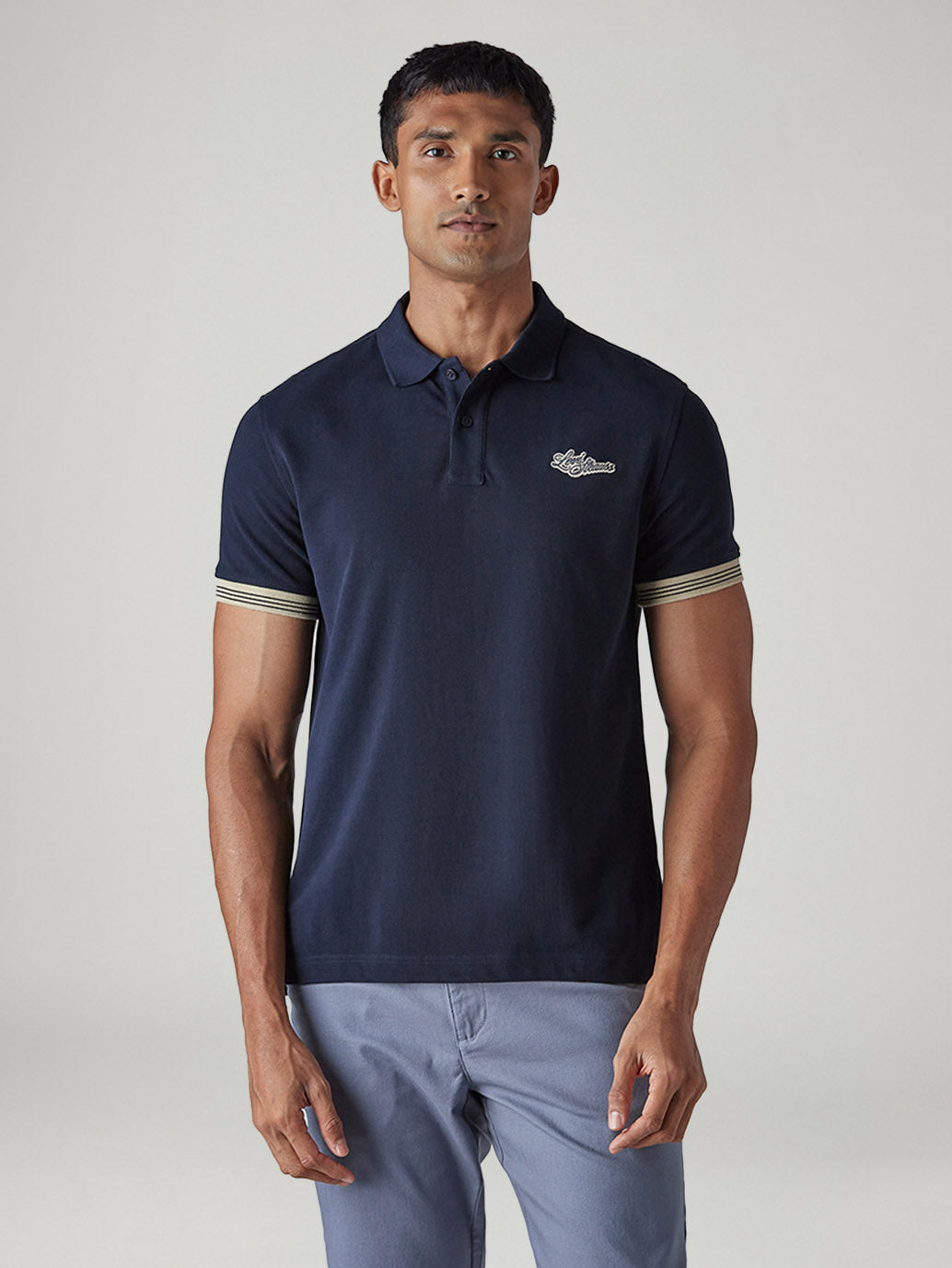 Men's Solid Navy Pique Polo T-Shirt - Front View