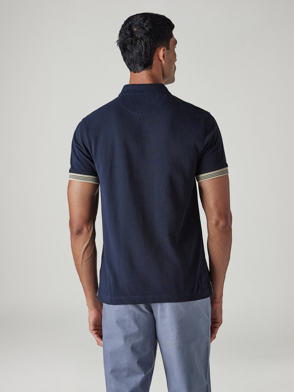 Men's Solid Navy Pique Polo T-Shirt - Back View
