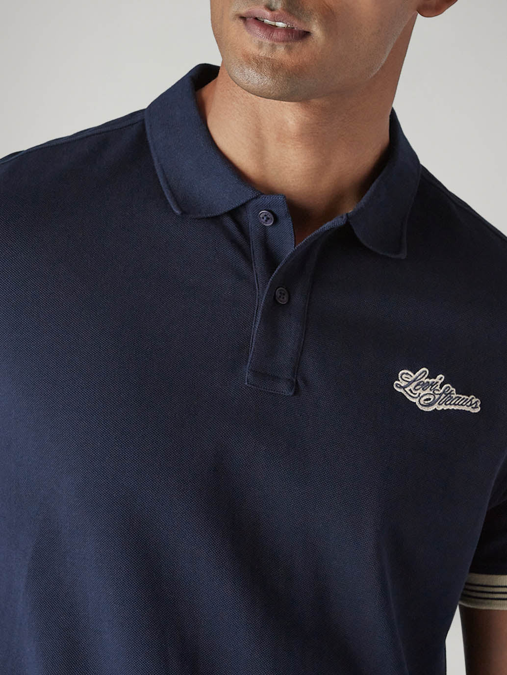 Men's Solid Navy Pique Polo T-Shirt - Detail View