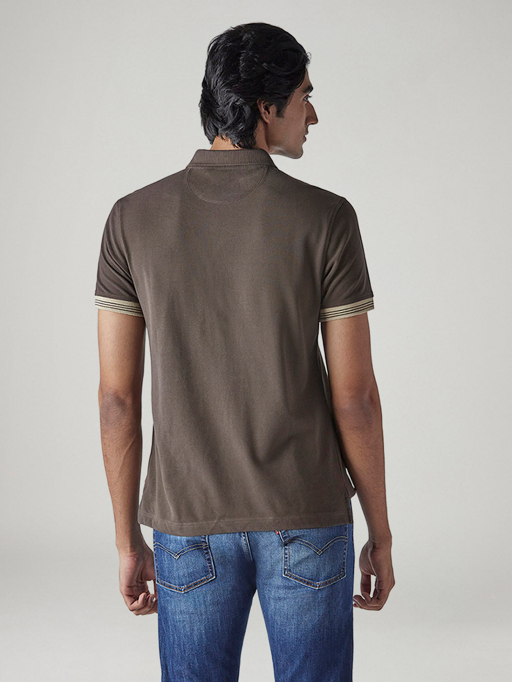 Men's Solid Brown Pique Polo T-Shirt - Back View