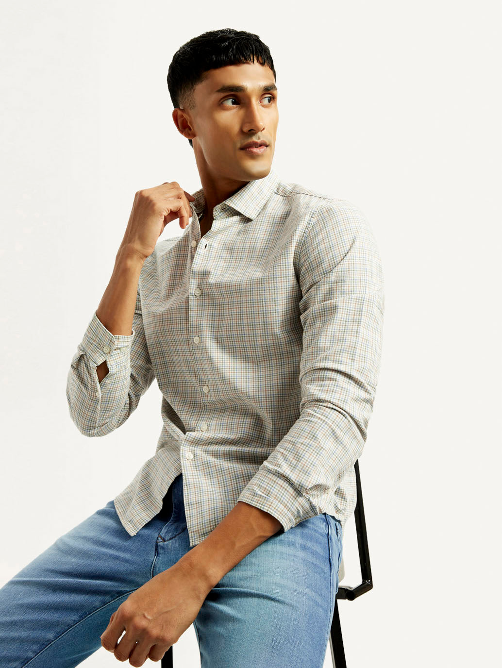 Men's Redloop Checkered Beige Slim Fit Shirt - Elevated View