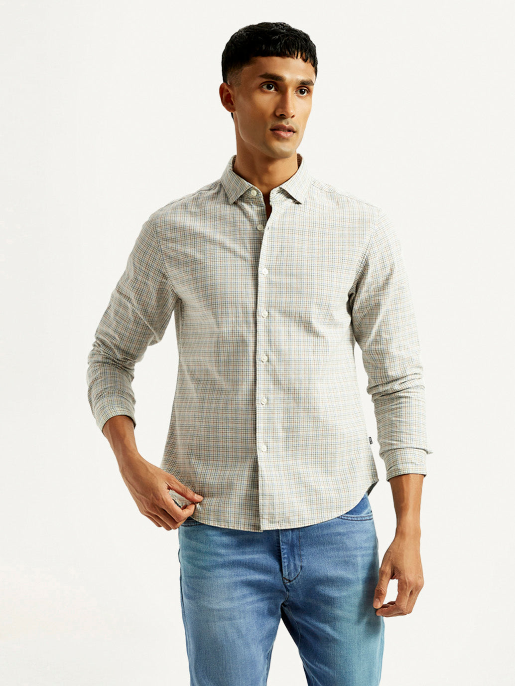 Men's Redloop Checkered Beige Slim Fit Shirt - Styleshot View