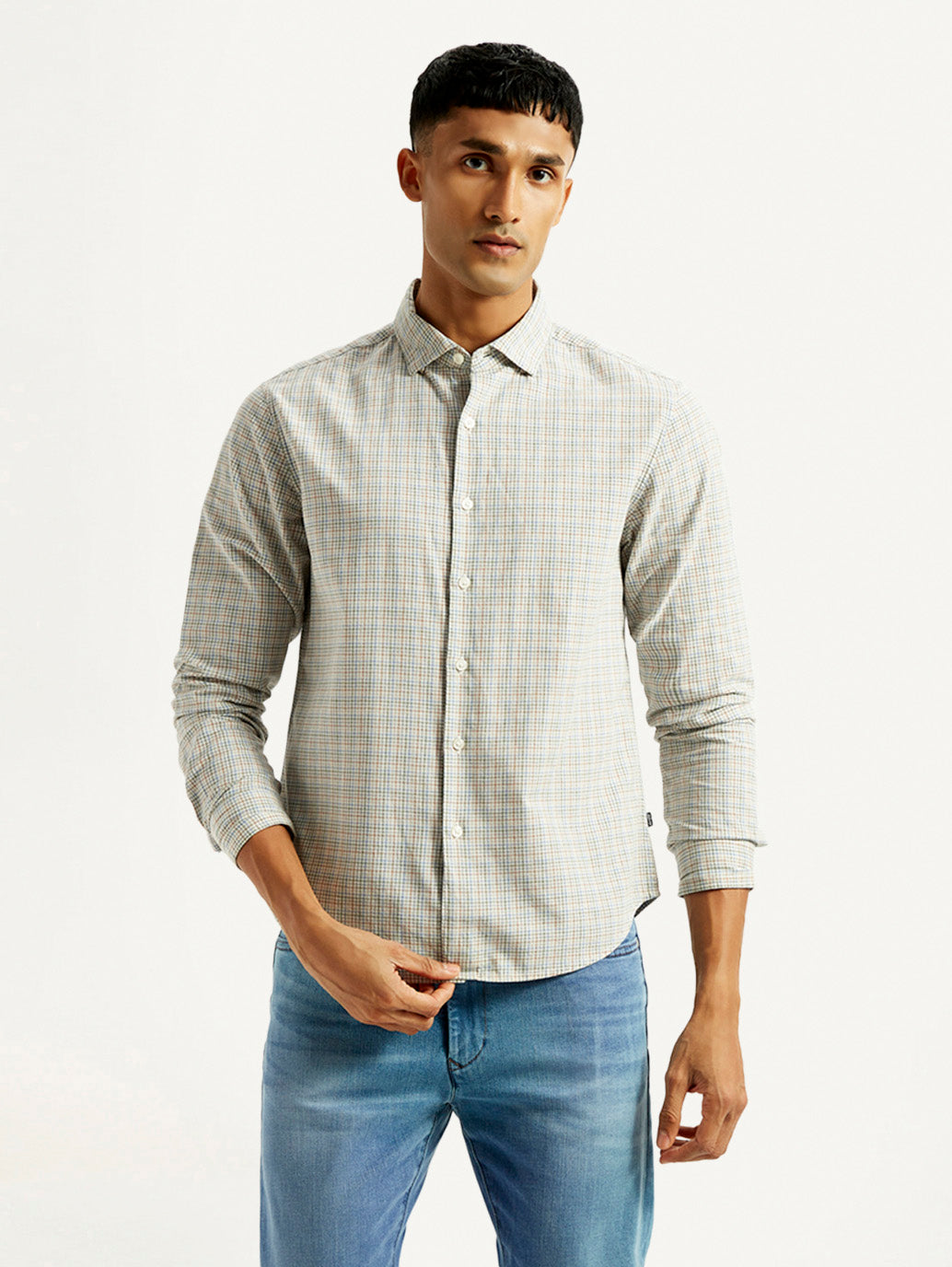Men's Redloop Checkered Beige Slim Fit Shirt - Front View