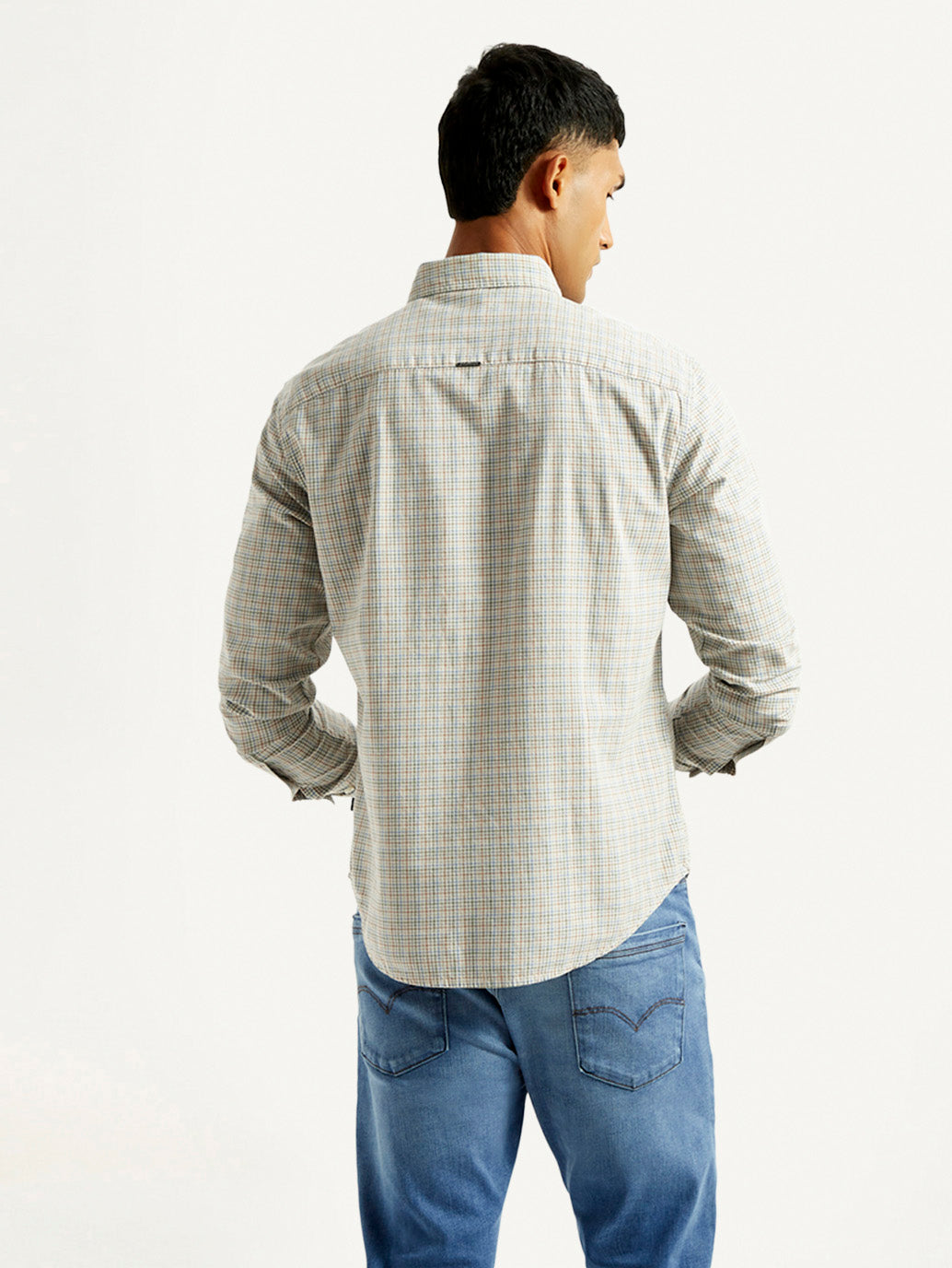 Men's Redloop Checkered Beige Slim Fit Shirt - Back View
