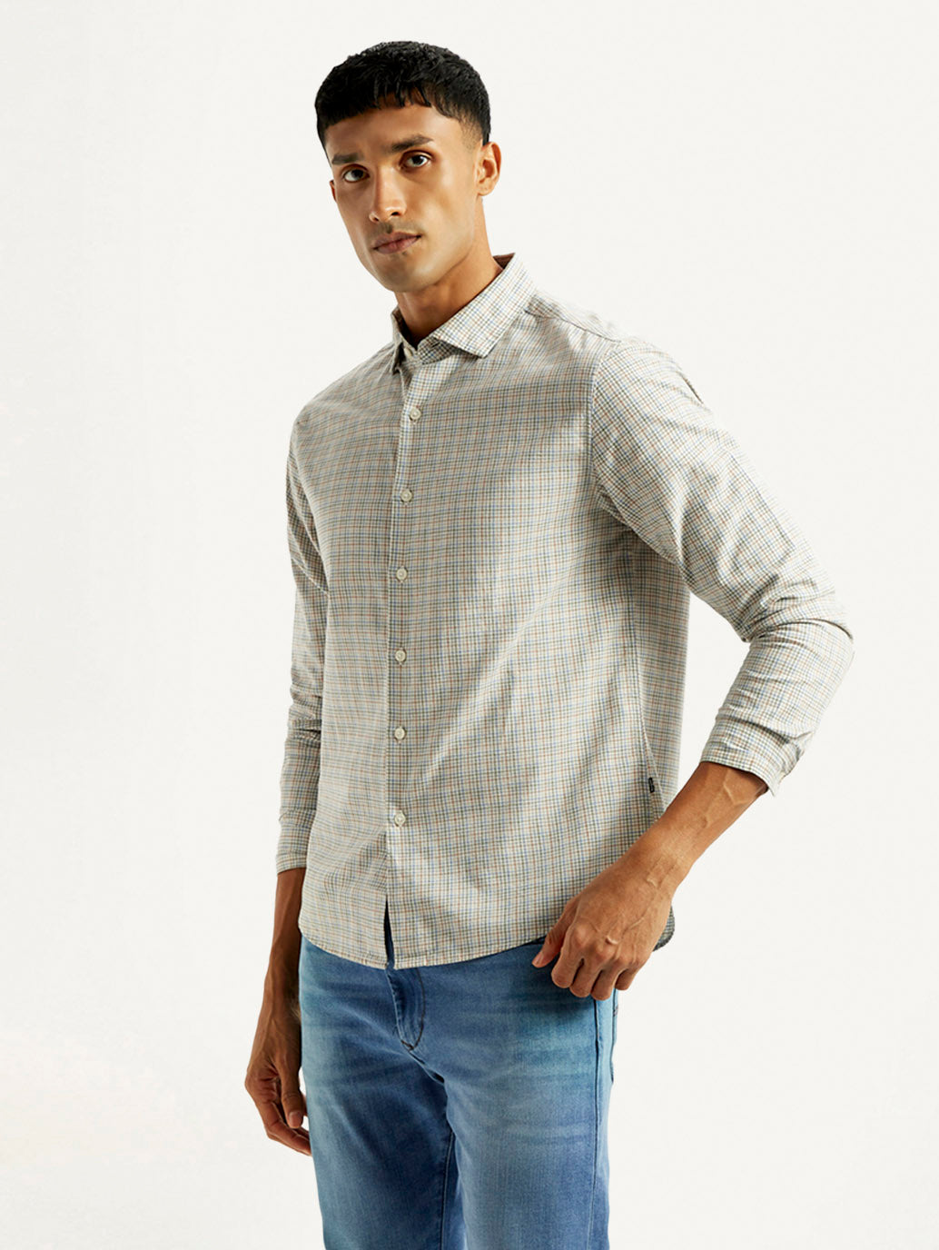 Men's Redloop Checkered Beige Slim Fit Shirt - Side View