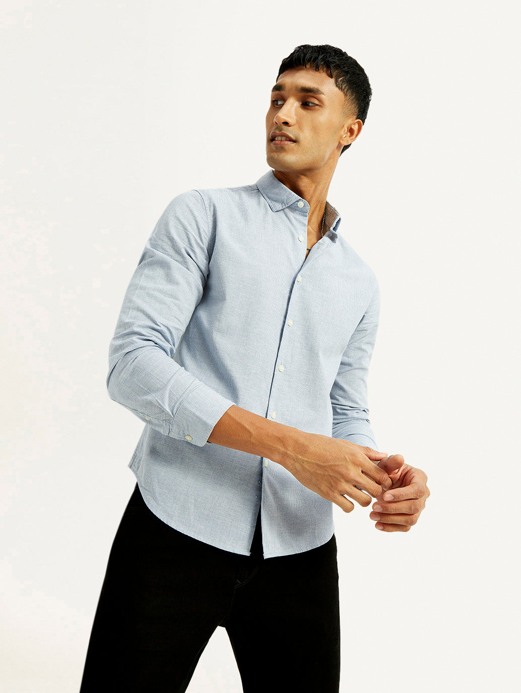 Men's Redloop Checkered Light Blue Slim Fit Shirt - Elevated View