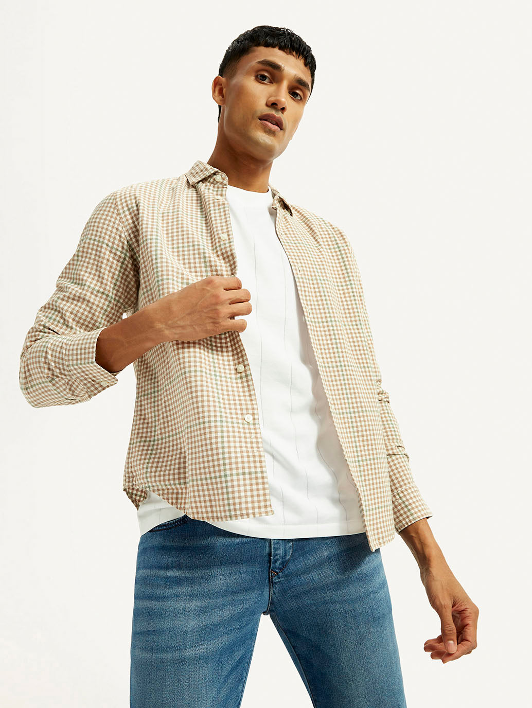 Men's Checkered Peach Slim Fit Shirt