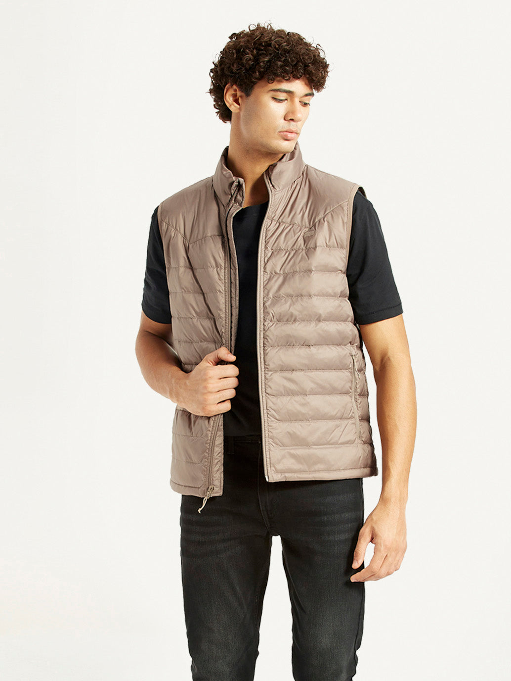 Men's Quilted Taupe Slim Fit Puffer Jacket - Styleshot View