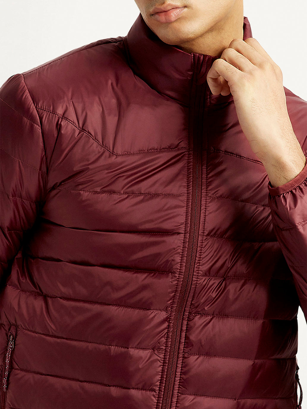 Men's Solid Maroon Puffer Jacket - Detail View