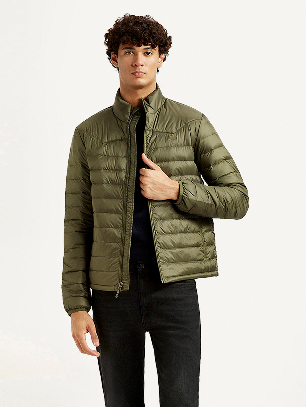 Men's Quilted Olive Puffer Jacket - Styleshot View
