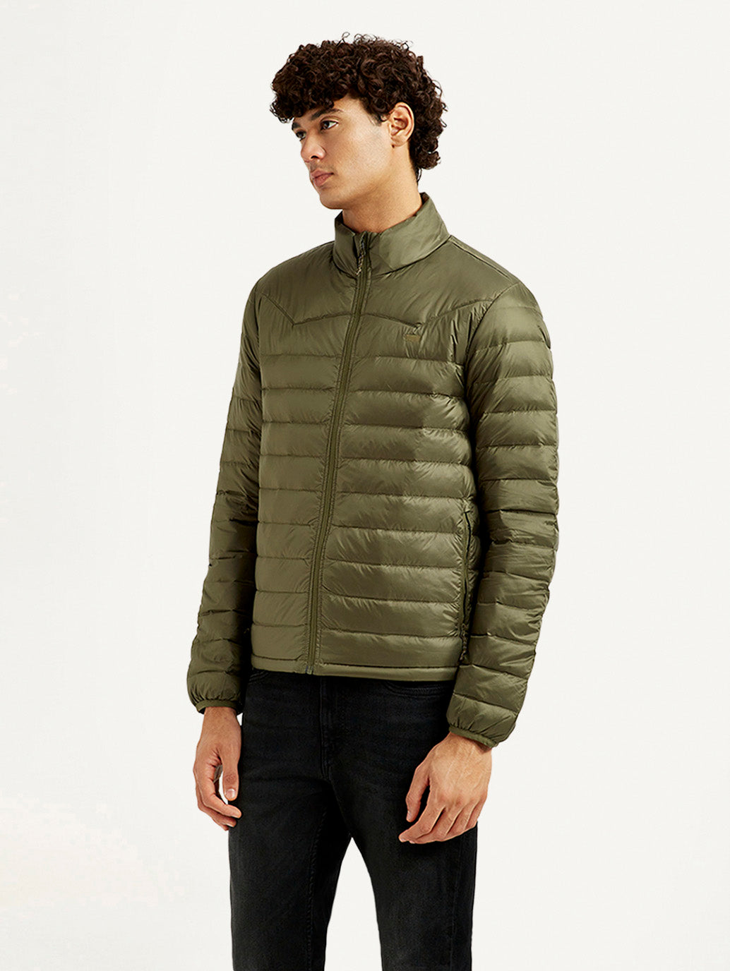 Men's Quilted Olive Puffer Jacket - Side View