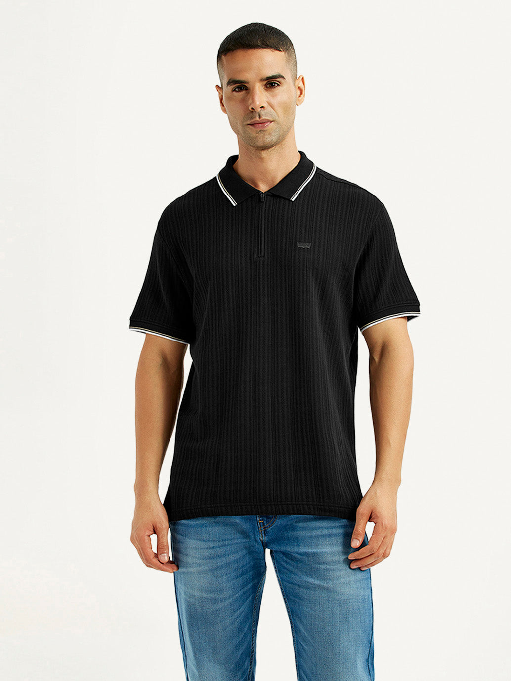 Men's Self Design Black Slim Fit Polo T-Shirt - Front View