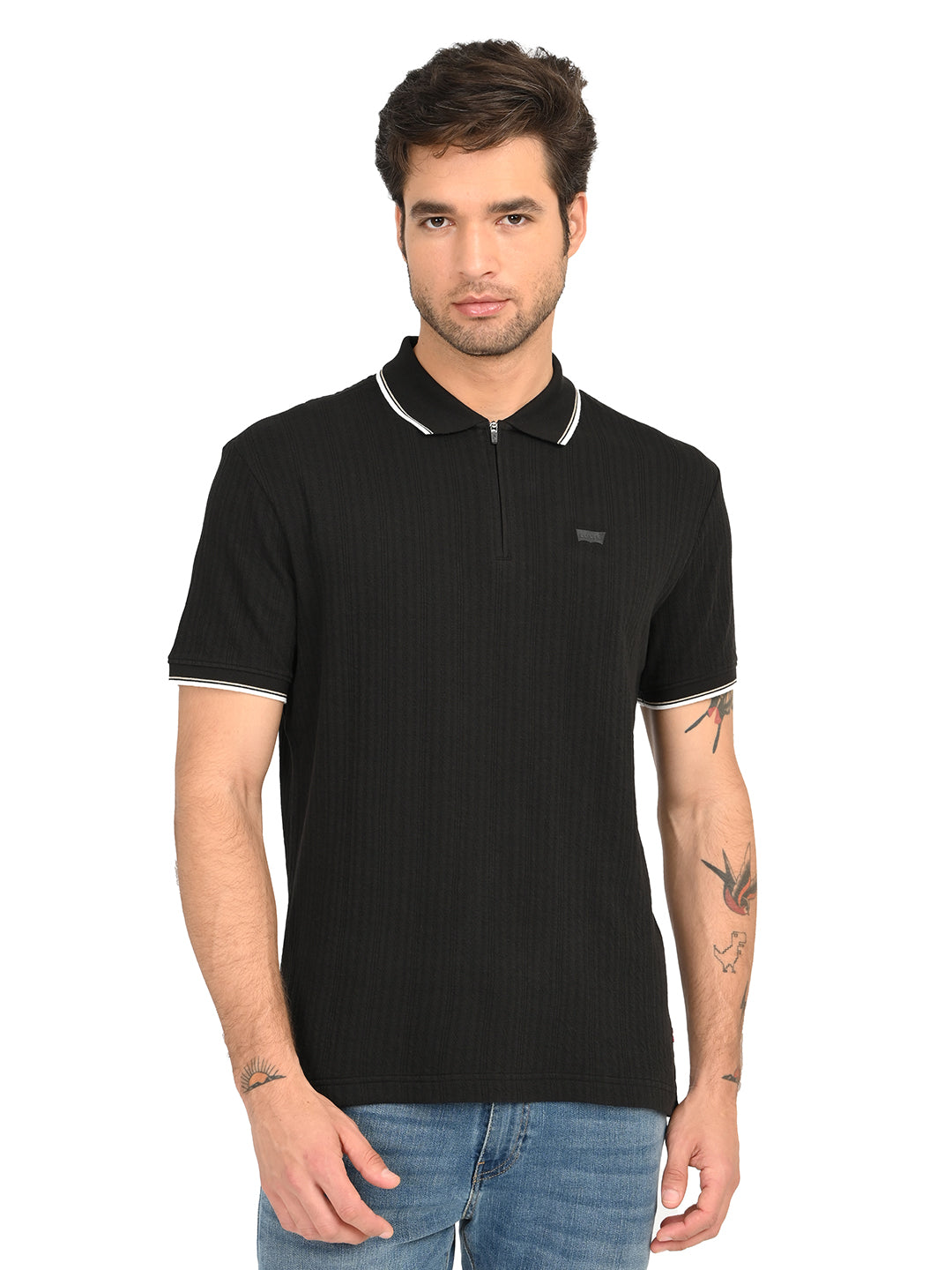 Men's Self Design Black Slim Fit Polo T-Shirt