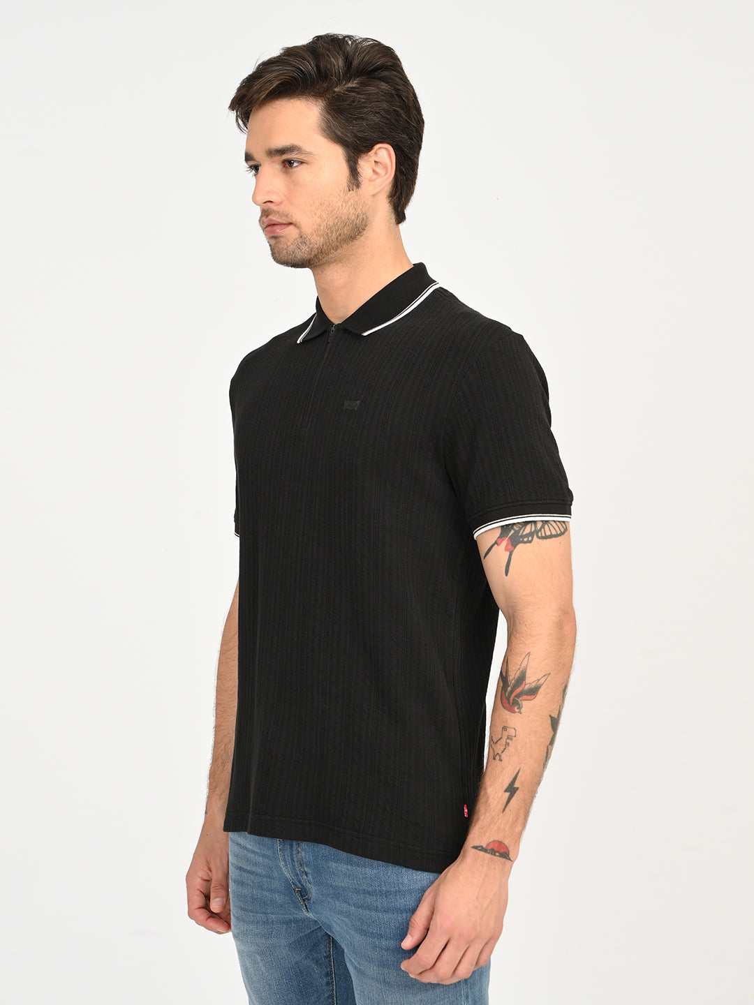 Men's Self Design Black Slim Fit Polo T-Shirt - side View