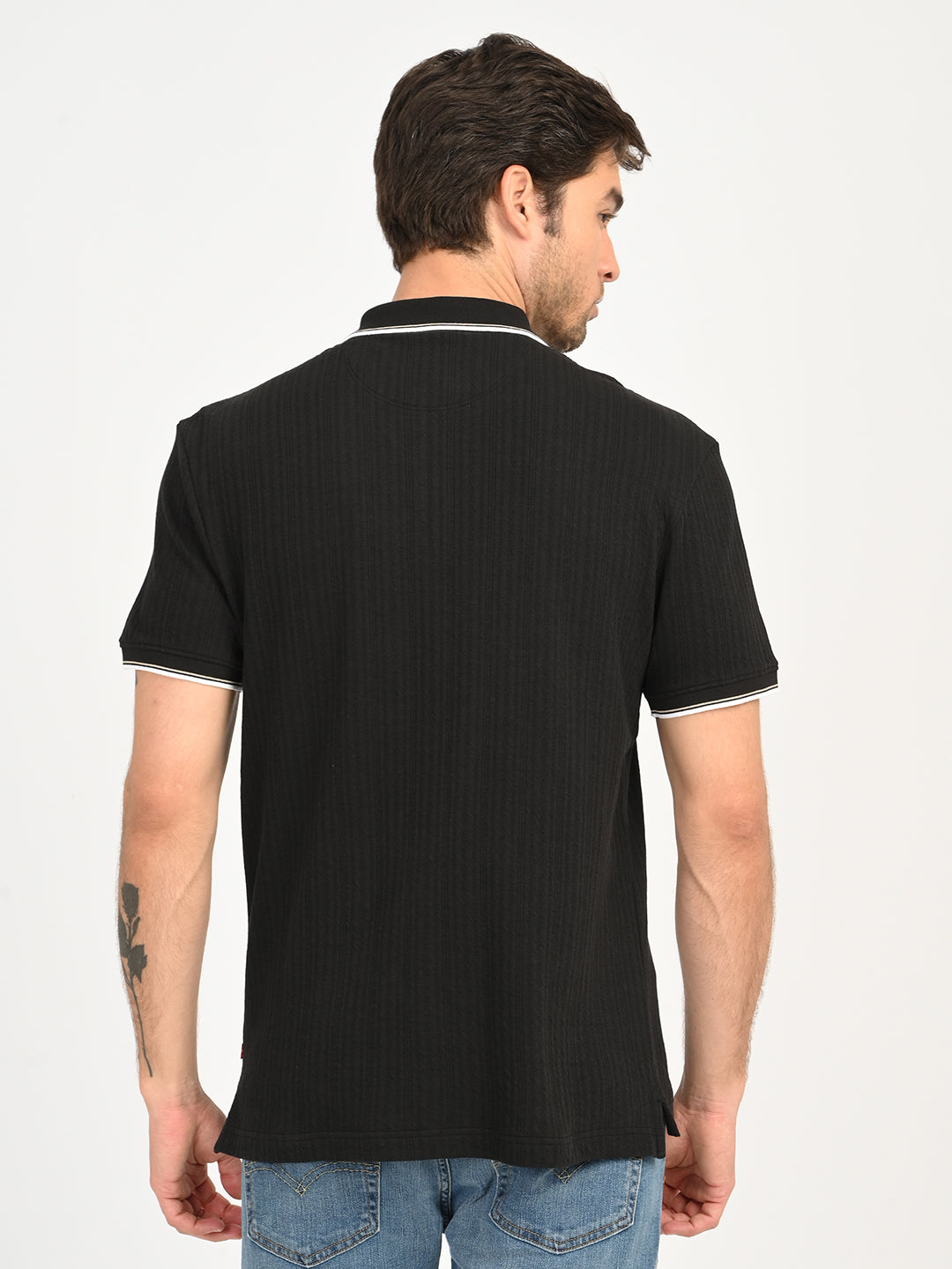 Men's Self Design Black Slim Fit Polo T-Shirt - back View