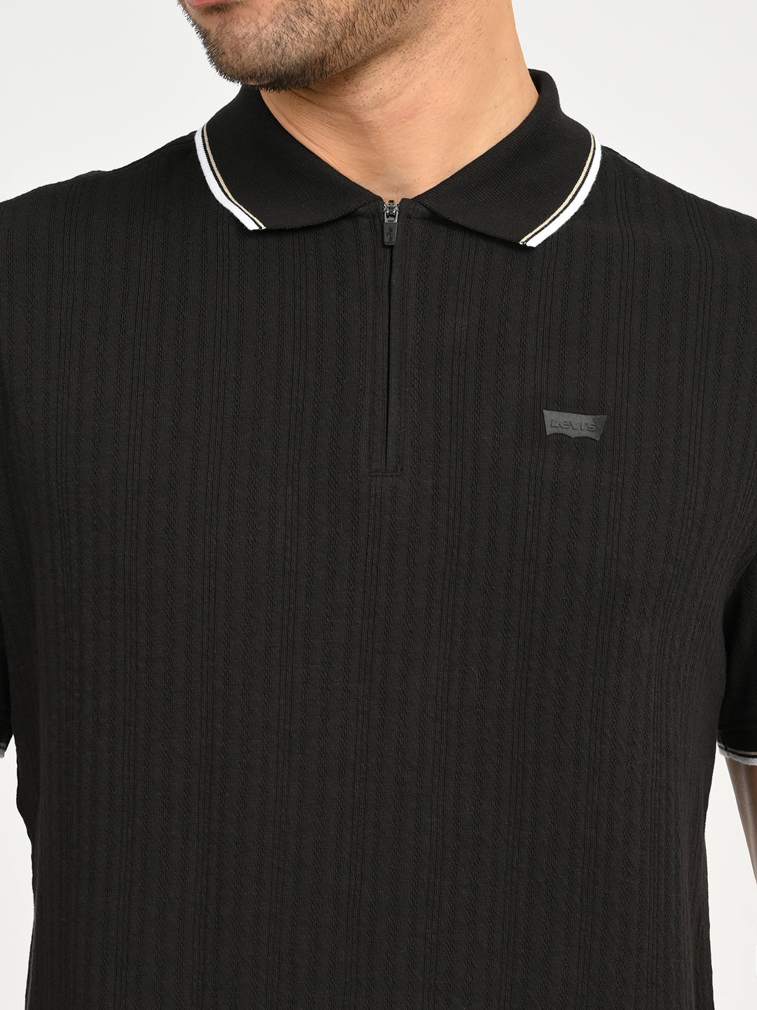 Men's Self Design Black Slim Fit Polo T-Shirt - deatil View