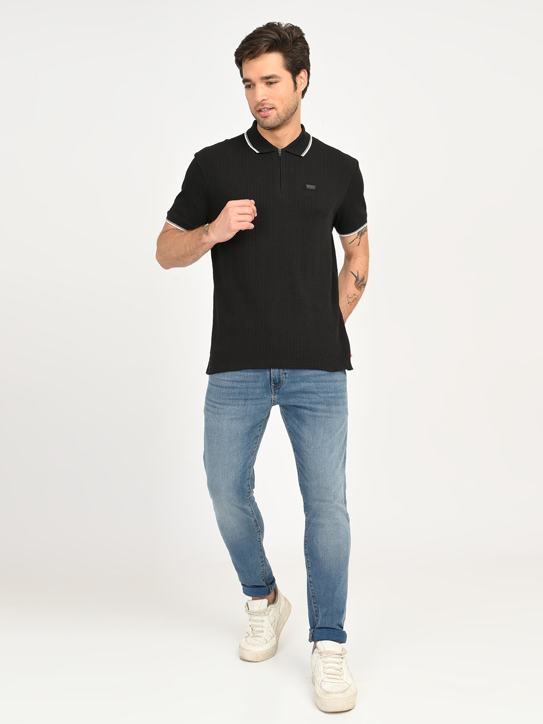Men's Self Design Black Slim Fit Polo T-Shirt - 6 View