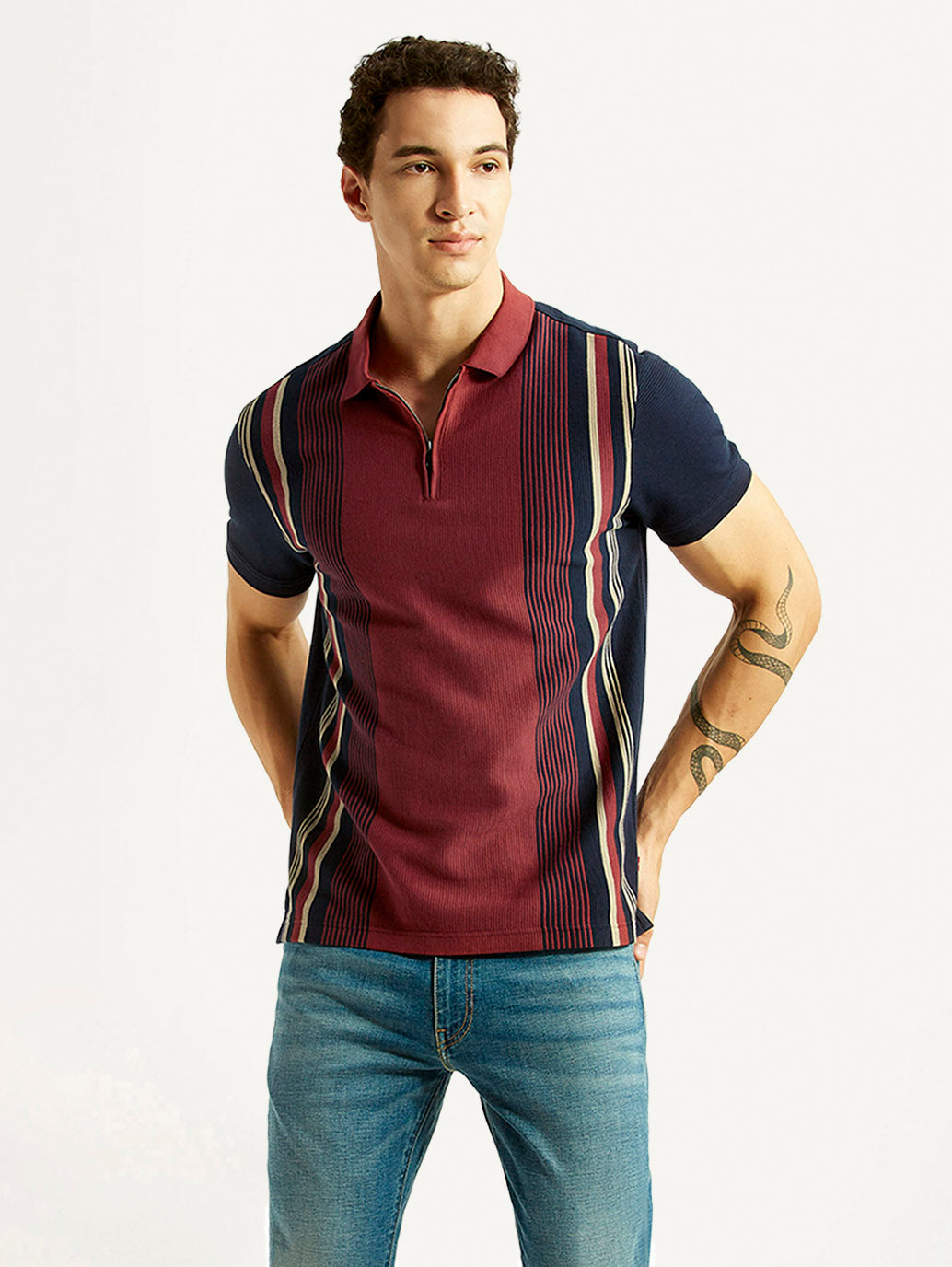 Men's Striped Maroon Slim Fit Polo T-shirt