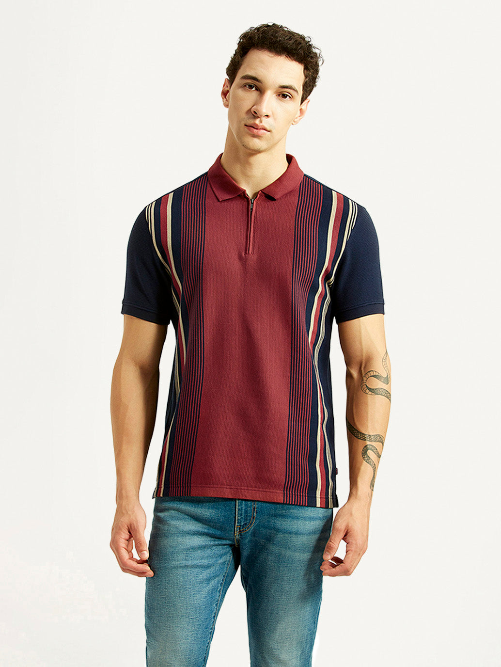 Men's Striped Maroon Slim Fit Polo T-shirt - Front View