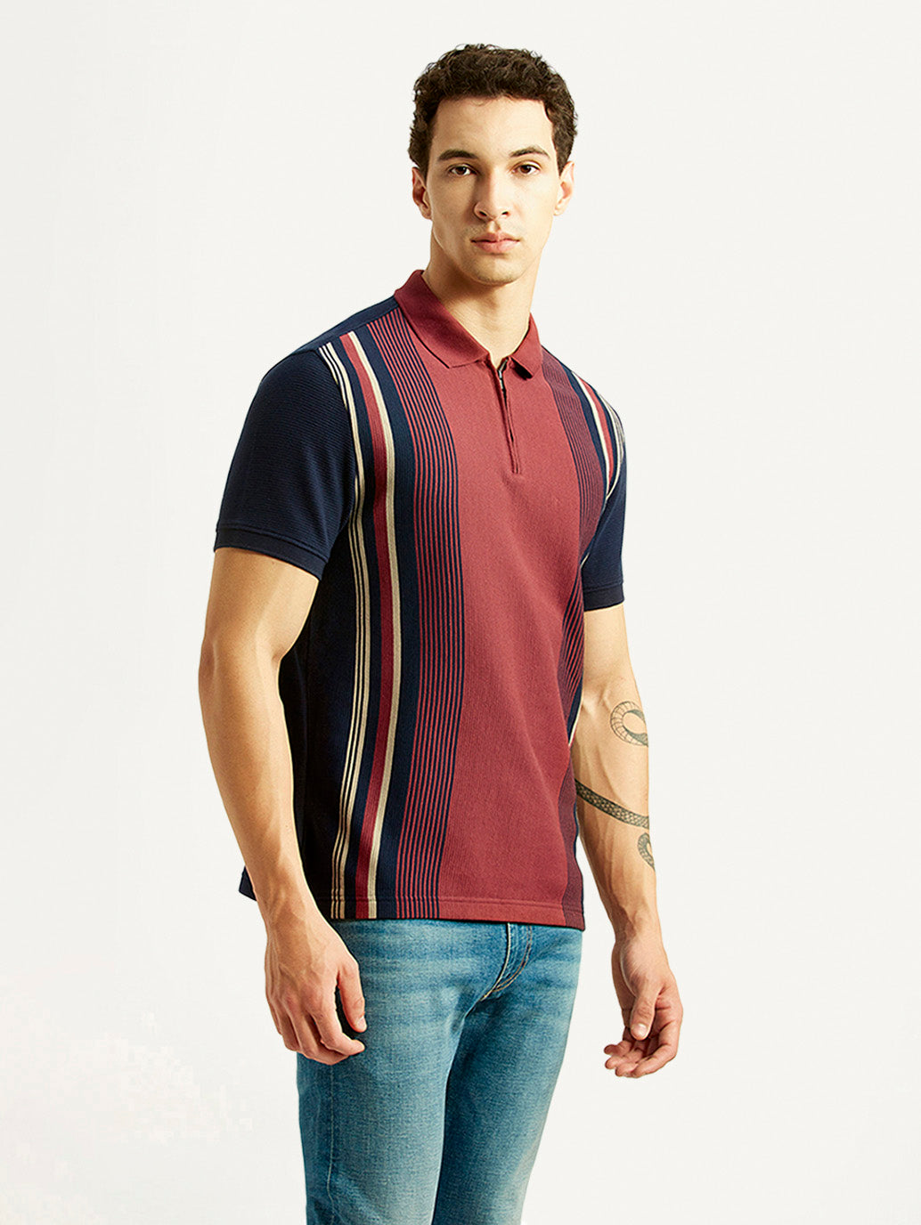 Men's Striped Maroon Slim Fit Polo T-shirt - Side View