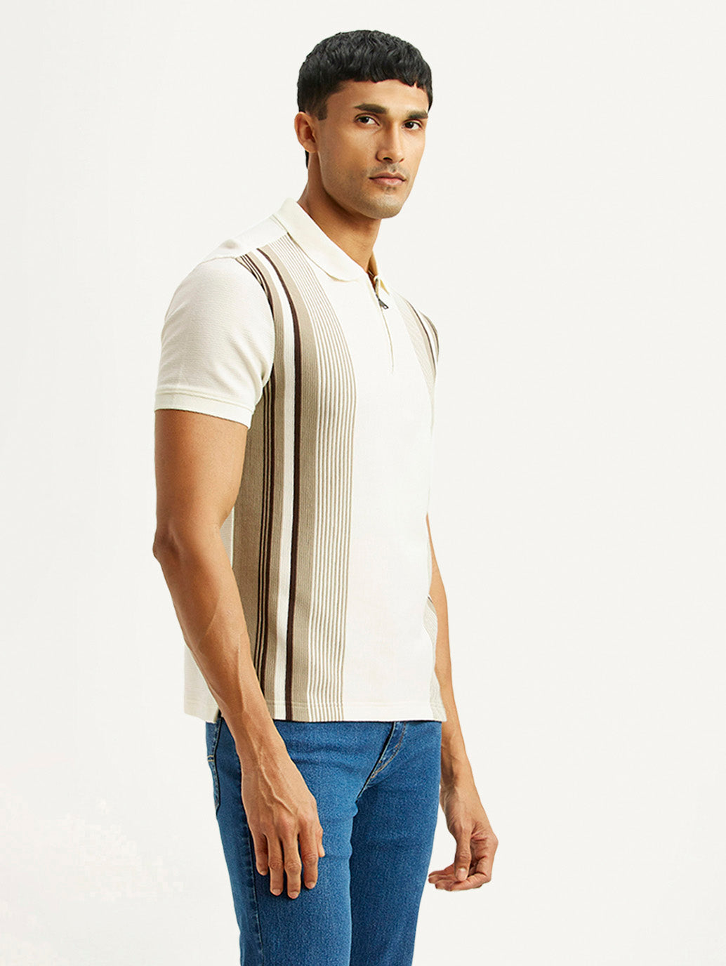 Men's Striped Off White Slim Fit Polo T-shirt - Side View