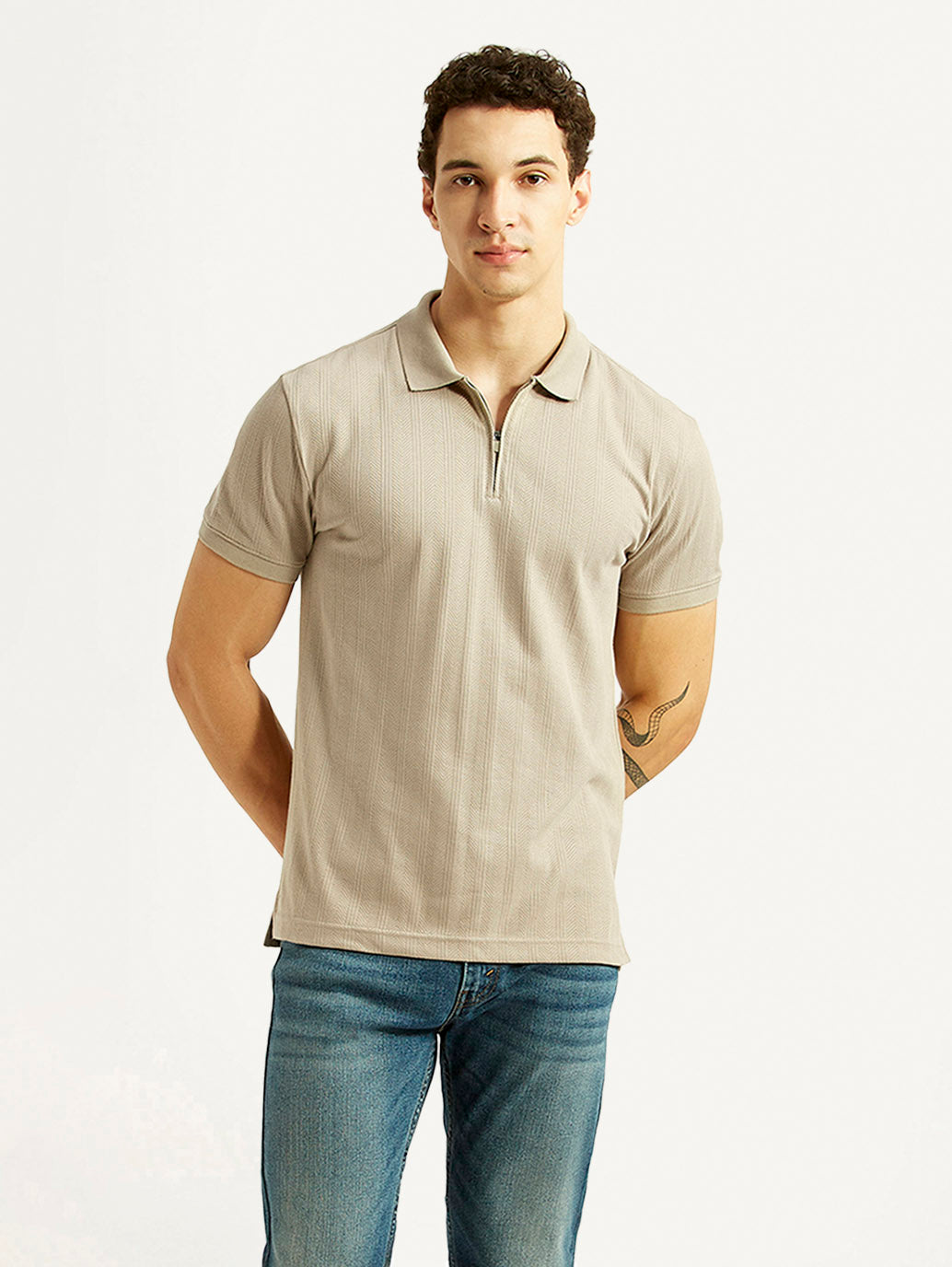 Men's Self Design Beige Slim Fit Polo T-shirt