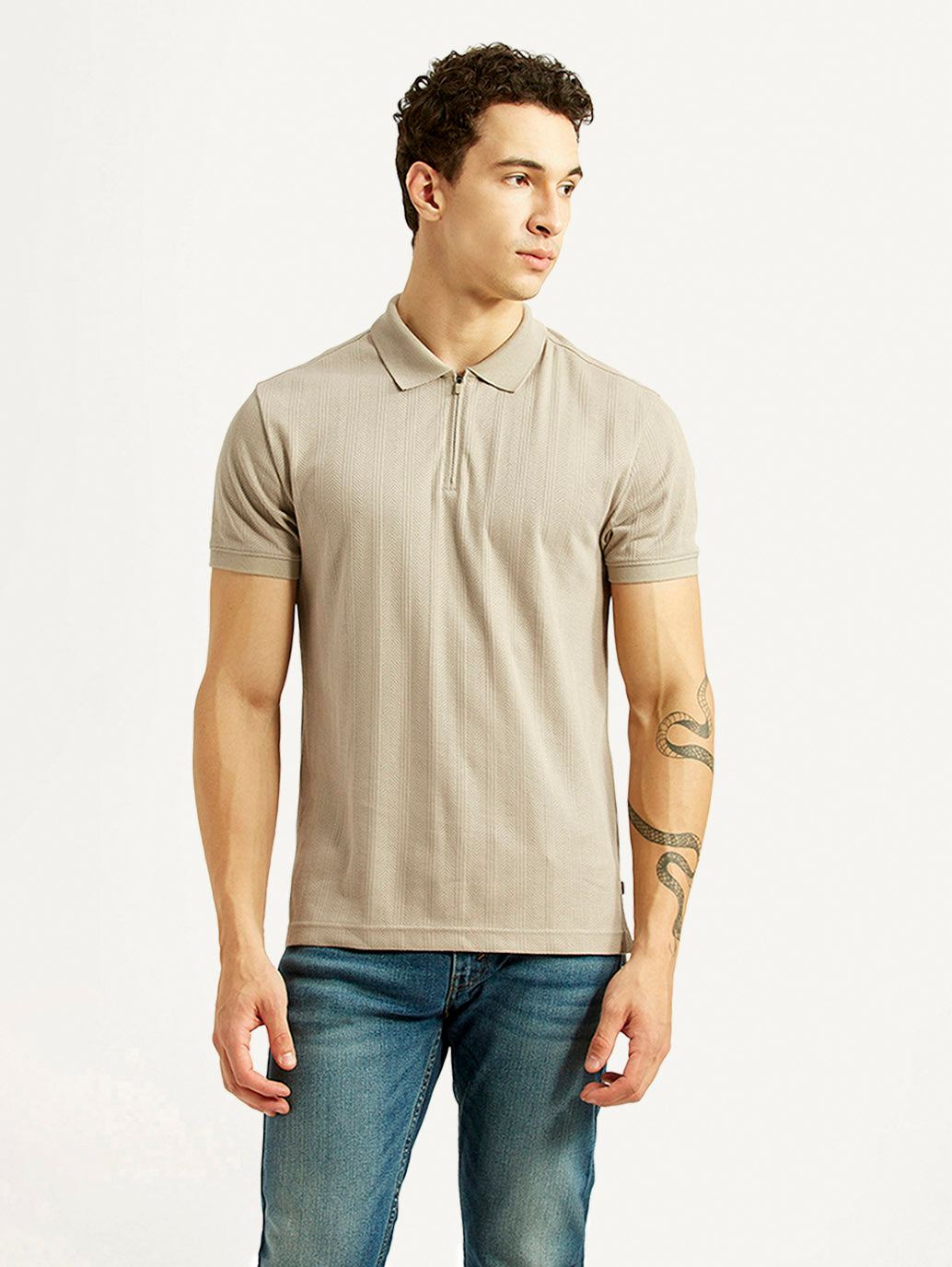 Men's Self Design Beige Slim Fit Polo T-shirt - Front View