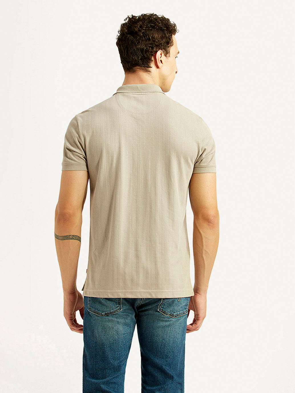 Men's Self Design Beige Slim Fit Polo T-shirt - Back View