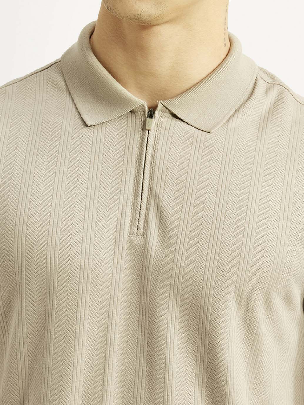 Men's Self Design Beige Slim Fit Polo T-shirt - Detail View